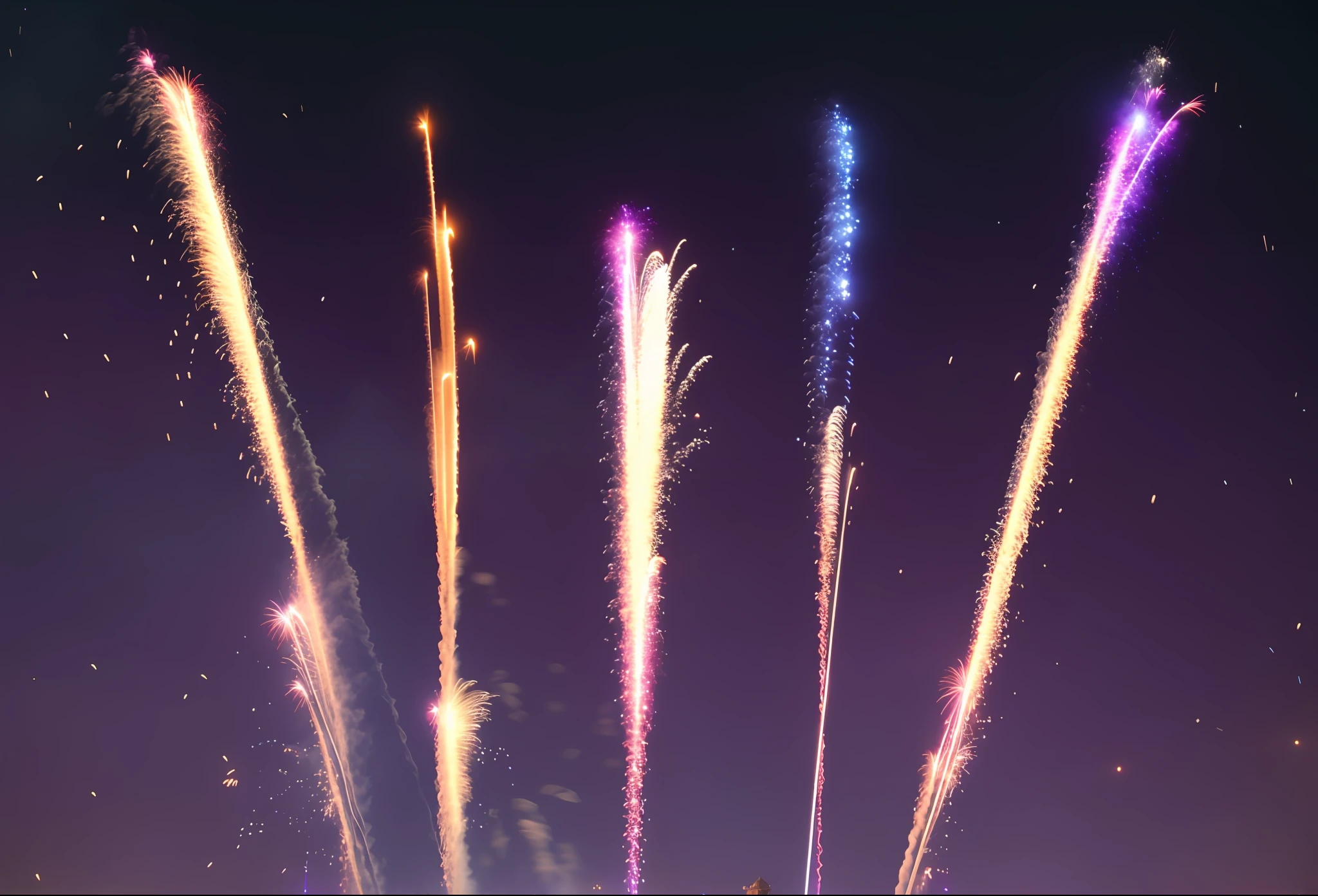 fireworks are lit up in the night sky with a purple background, fireworks, firework smoke trails, [ fireworks in the sky ]!!, fireworks in the background, firework, fireworks in background, pyrotechnics, fireworks on the background, flares anamorphic, flares, anamorphic flares, radiant flares, magical sparks, magic particles in the air, colorful lightning cinematic