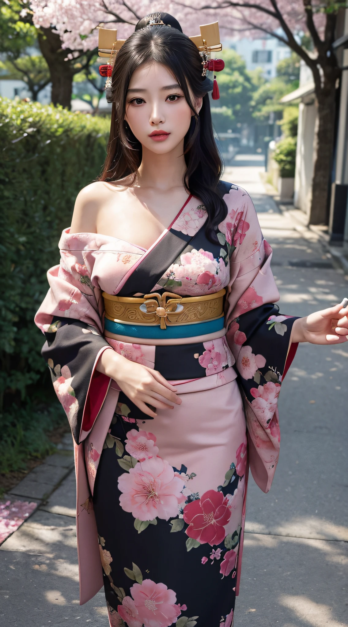 ((Top image quality、8k、masuter piece:1.3))、(Realistic:1.2)、(1girl in)、25-years old、Cherry blossoms and roses around、Shoulders are protruding、（huge tit）、body with constriction、(Deities々Bright luxury kimono:1.2)、long kimono、(Oiran:1.3)、Straight black hair、Delicat eyes、二重まぶた、Soft breasts、delicated face、holding a cigarette、full bodyesbian