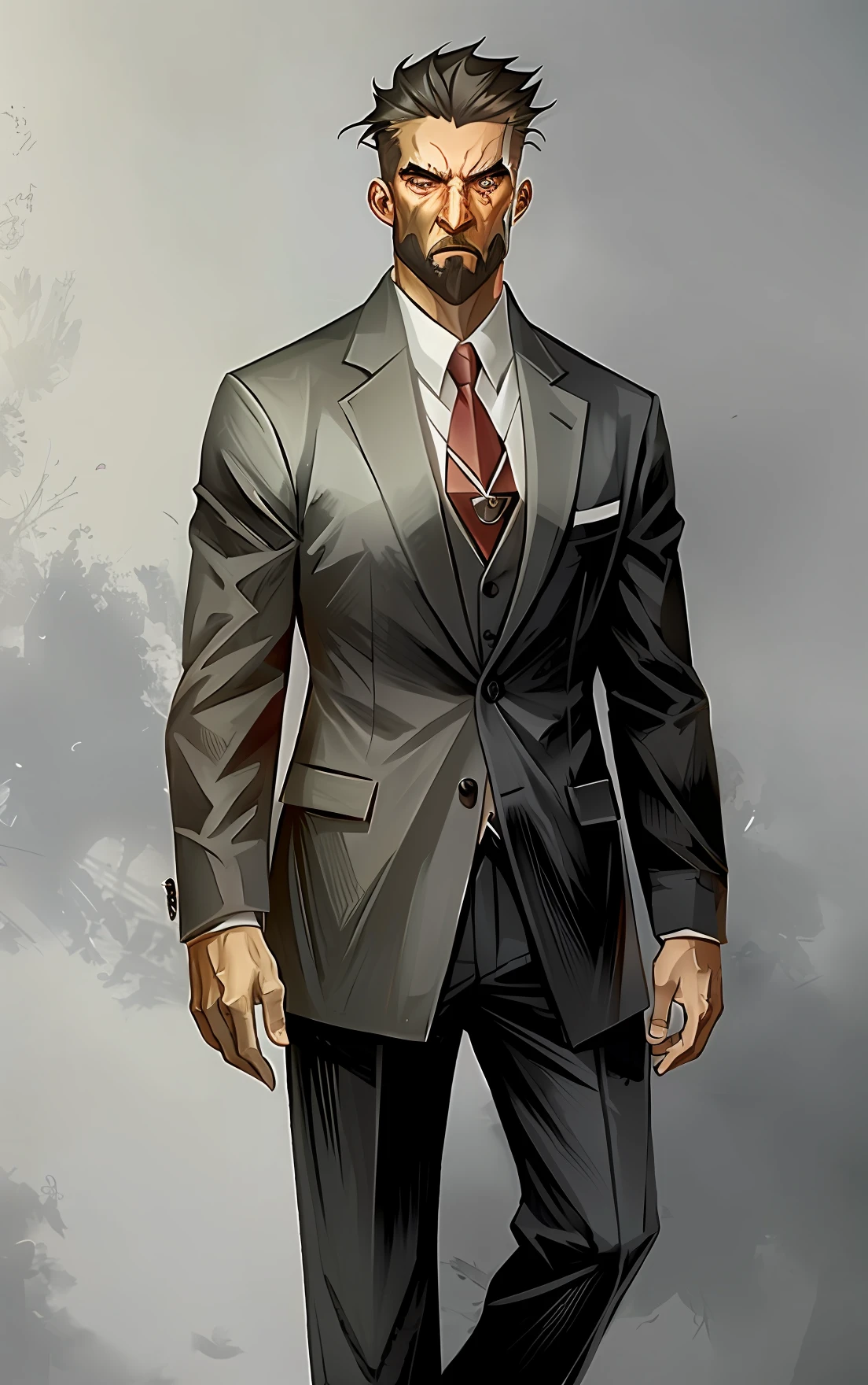 ember, in a gray suit with a beard, grizzled