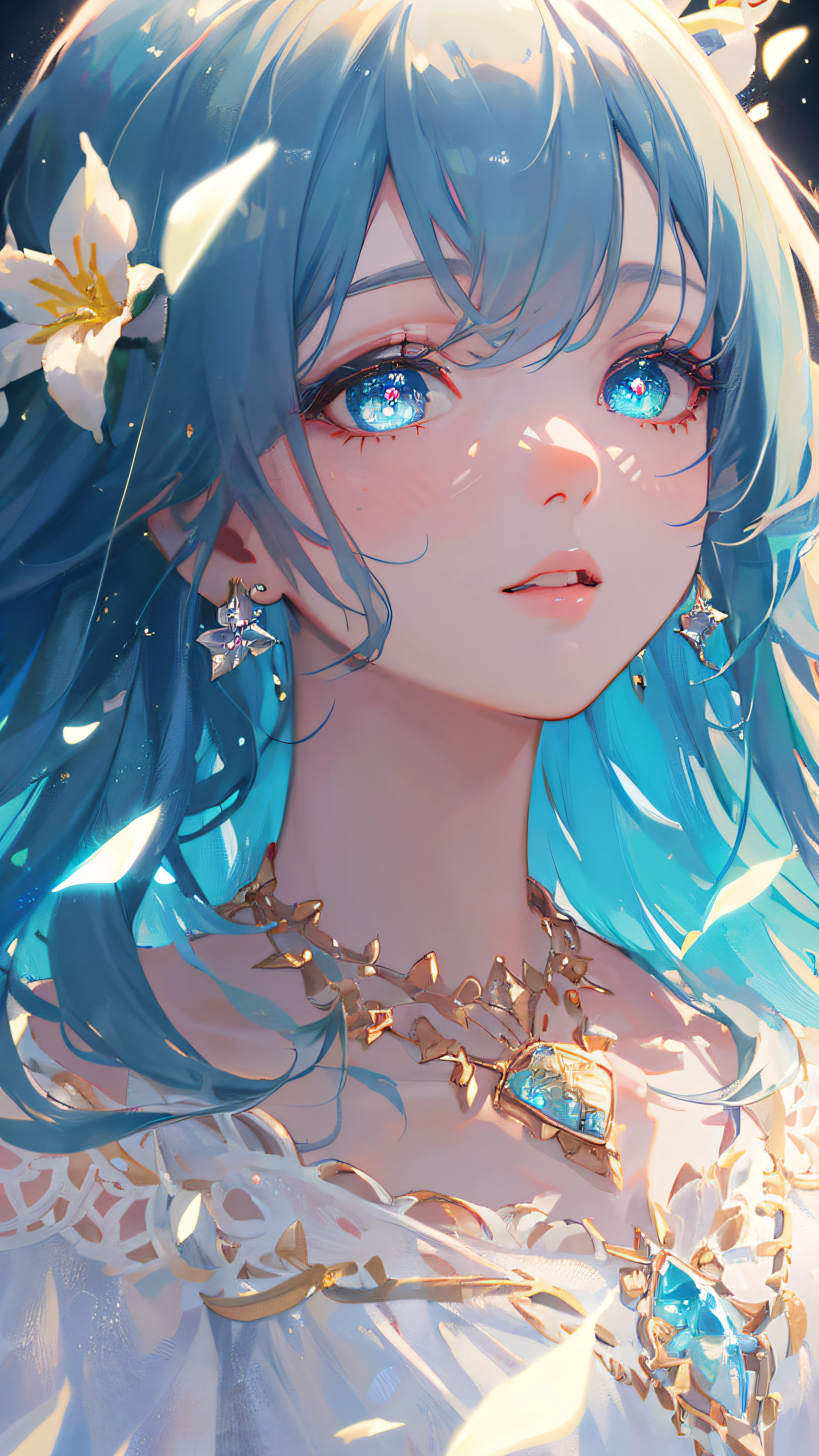 masterpiece, best quality, illustration, sax blue, platinum earrings, platinum necklace, white dress, 1girl, cute, (dynamic lighting:1.2), cinematic lighting, delicate facial features, detailed eyes, sharp pupils, realistic pupils, depth of field, bokeh, sharp focus, (hyper-detailed, bloom, glow:1.4), many small gems