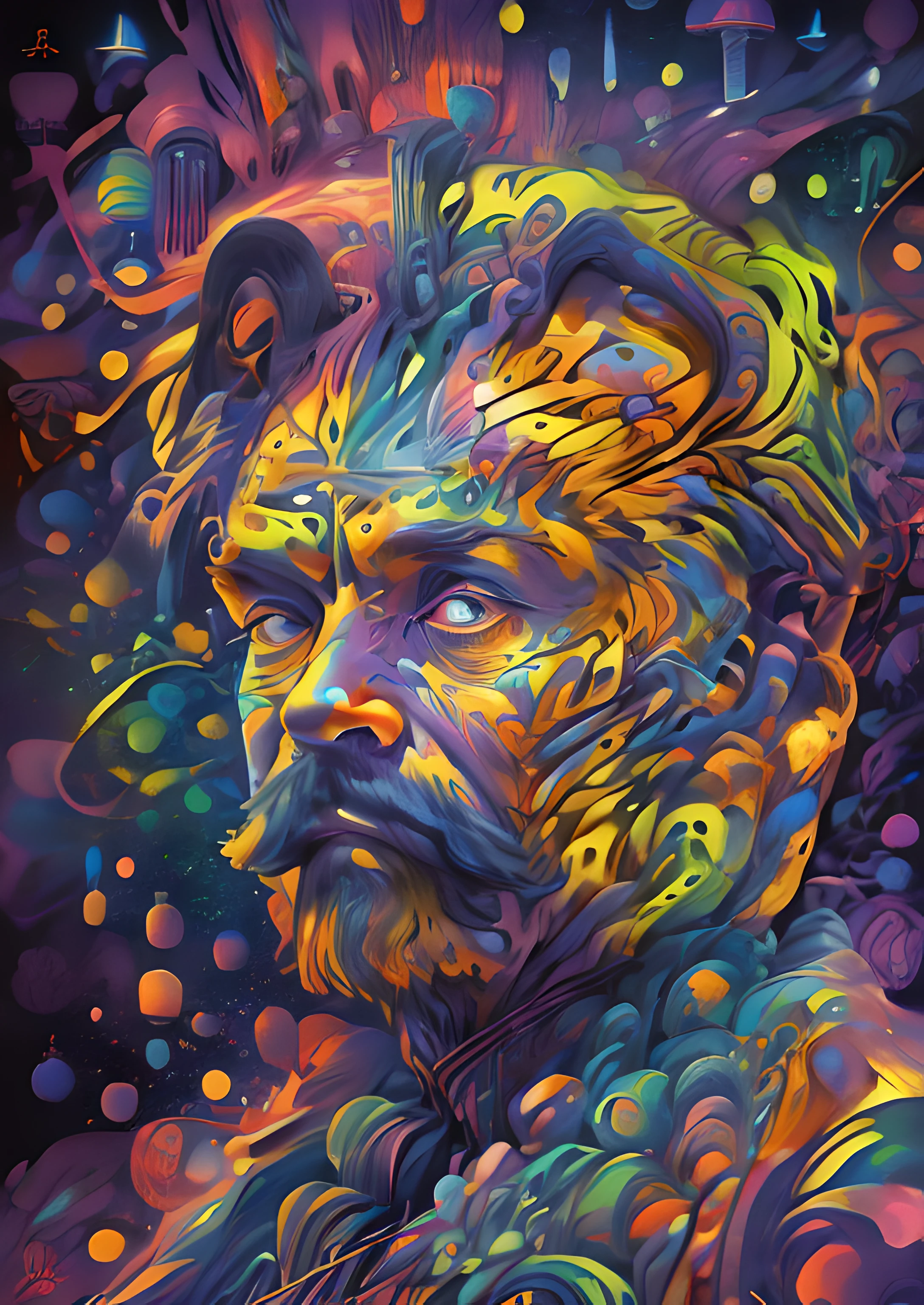 (High resolution, incredibly detailed, masterpiece), portrait of friedrich nietzsche, featuring fractal geometry in (vibrant colors:0.6), set against a (galactic background:1.2), bringing together complex, mesmerizing shapes and patterns.dmt .