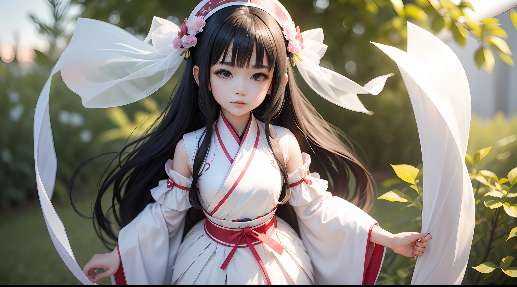 1 tulle white hanfu ， With a petite figure，
The bust is small， Slim body type， Perfect facial features，Close-up of facial features，The eyes are focused，looking toward the viewer，（Faraway view: 1.2）,perfectly proportions, --auto