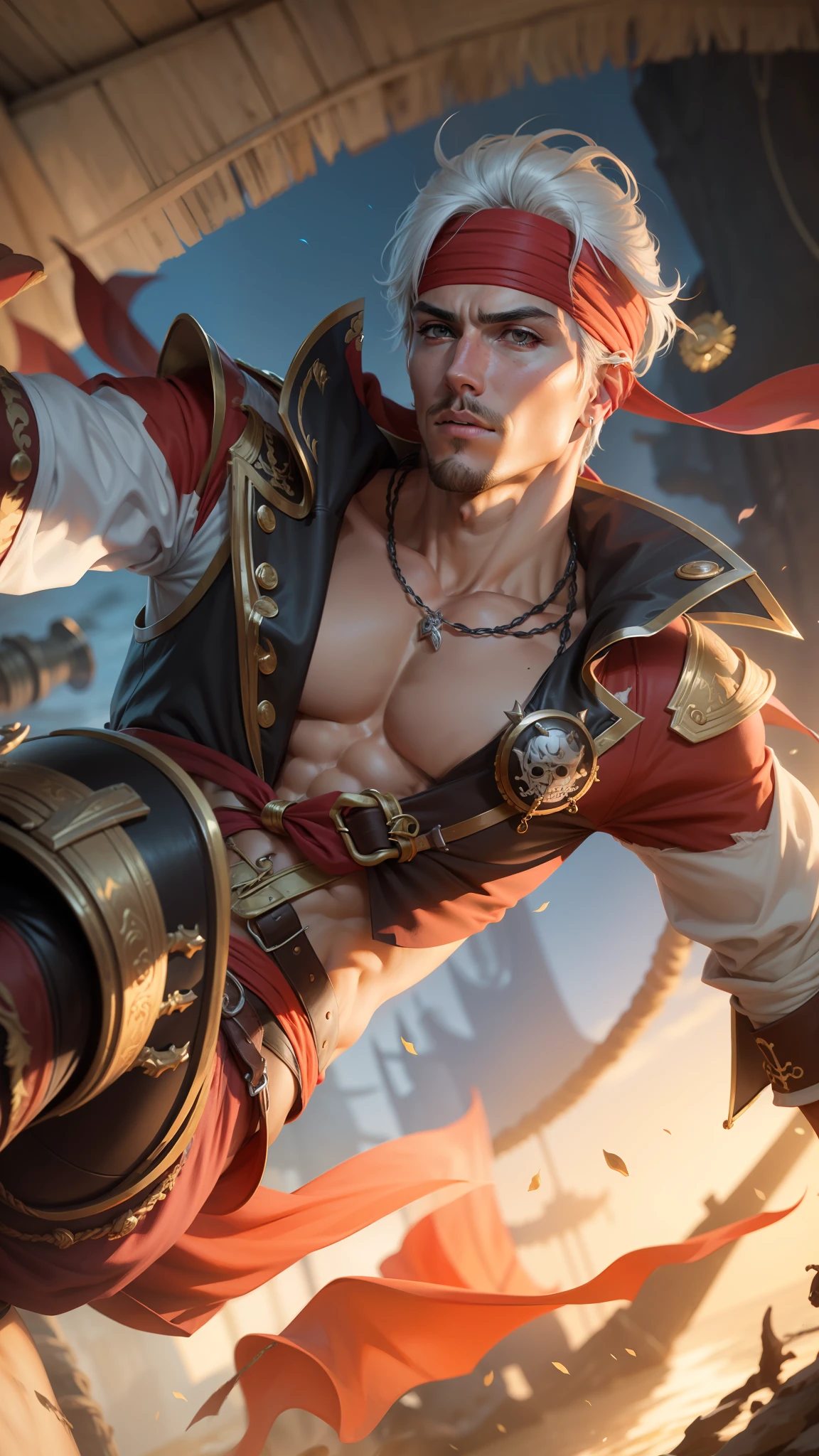 White hair red bandana show his abs very handsome pirate boy