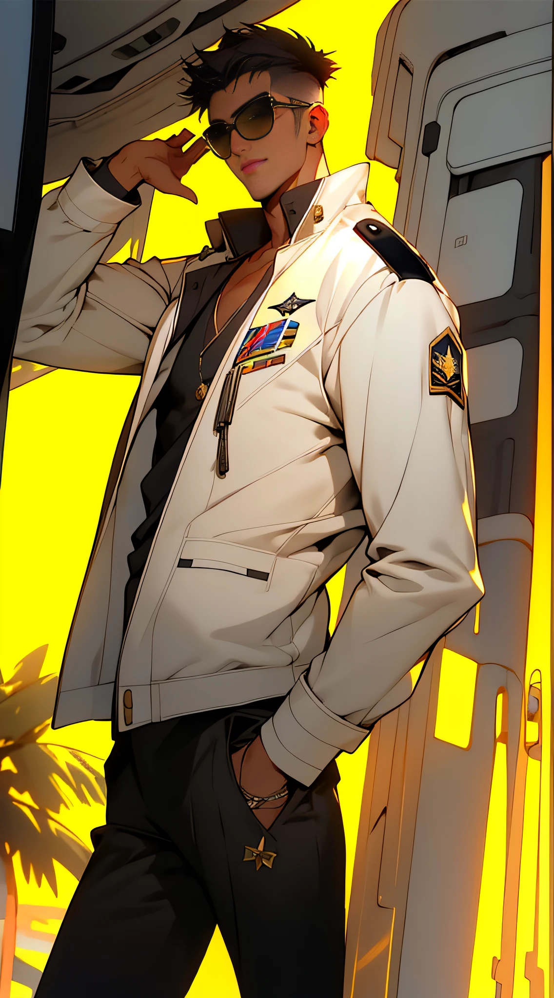 ((tmasterpiece, Need,Business negotiation aesthetics)),1 male solo, Close-up Shot Shot, (Determined eyes),(army suit),(White pilot captain jacket:1.3)(Detailed US Air Force pilot uniforms:1.5)(cabelos preto e longos),(formal outfit),Mature men,(Clear facial features,detailed skin textures,Handsome face),white backgrounid, Yellow skin, standing on your feet,(tmasterpiece,top Quority,best qualtiy),(((flatcolors))),Strong,