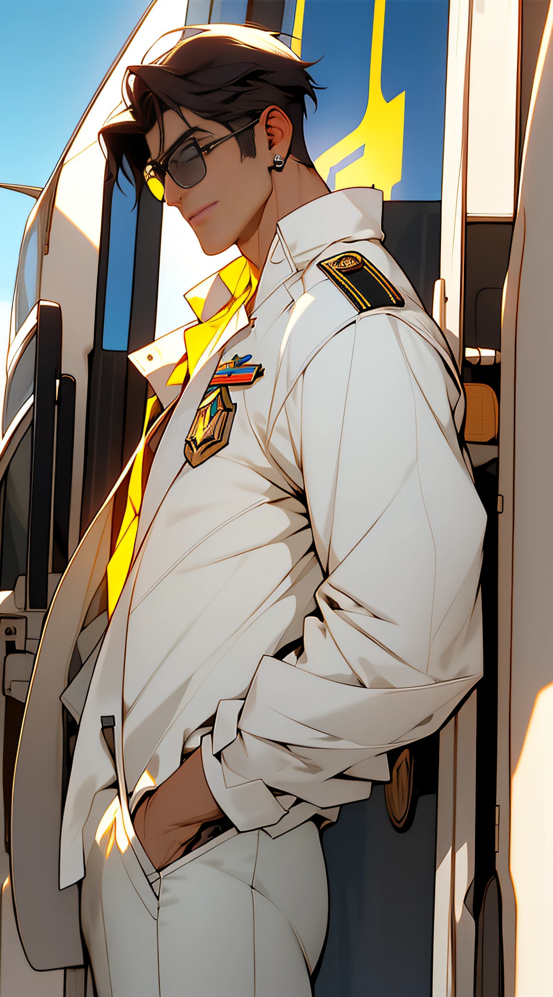 （（tmasterpiece， Need，Business negotiation aesthetics）），1 male solo， Close-up Shot Shot， （Determined eyes），（army suit），（White pilot captain jacket：1.3）（Detailed US Air Force pilot uniforms：1.5）（cabelos preto e longos），（formal outfit），Mature men，(Clear facial features，detailed skin textures，Handsome face），white backgrounid， Yellow skin， standing on your feet，（tmasterpiece，top Quority，best qualtiy），（（（flatcolors））），Strong，