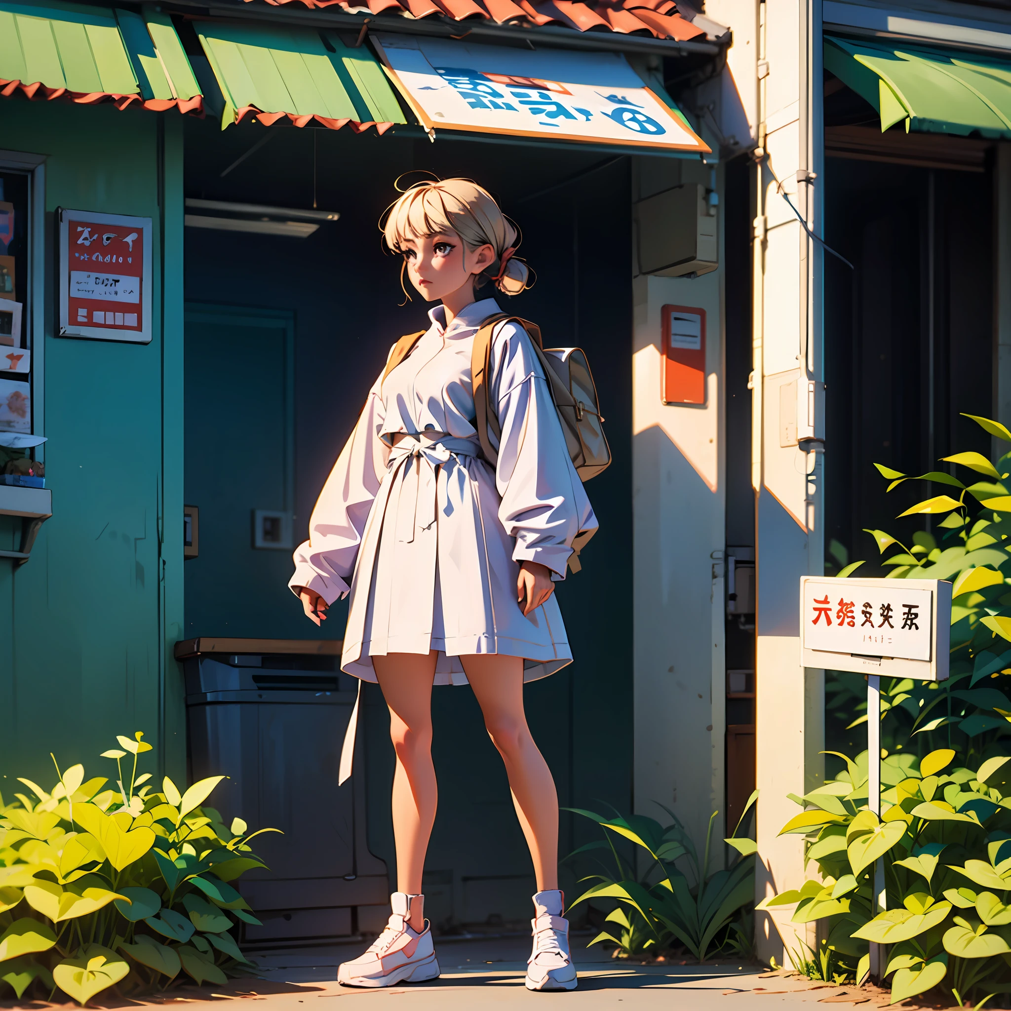A girl, dressed in white, standing, facing, full length, in front, font --auto