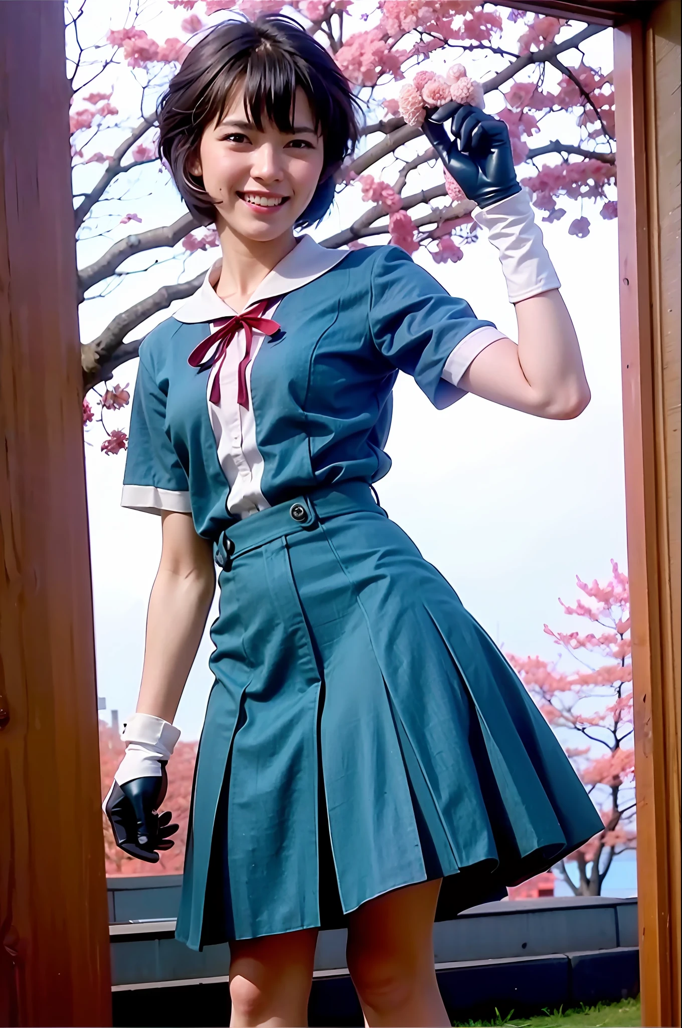 (8k, best quality, masterpiece:1.2), (realistic, photo-realistic:1.37), ultra-detailed, 1girl, ayanamirei, looking at viewer, light smile, blue short hair, red eyes, looking viewer, (blue hair), heavy hair, white gloves, light smile, city park, cherry blossoms, okyo-3_middle_school_uniform, red ribbon, school_uniform