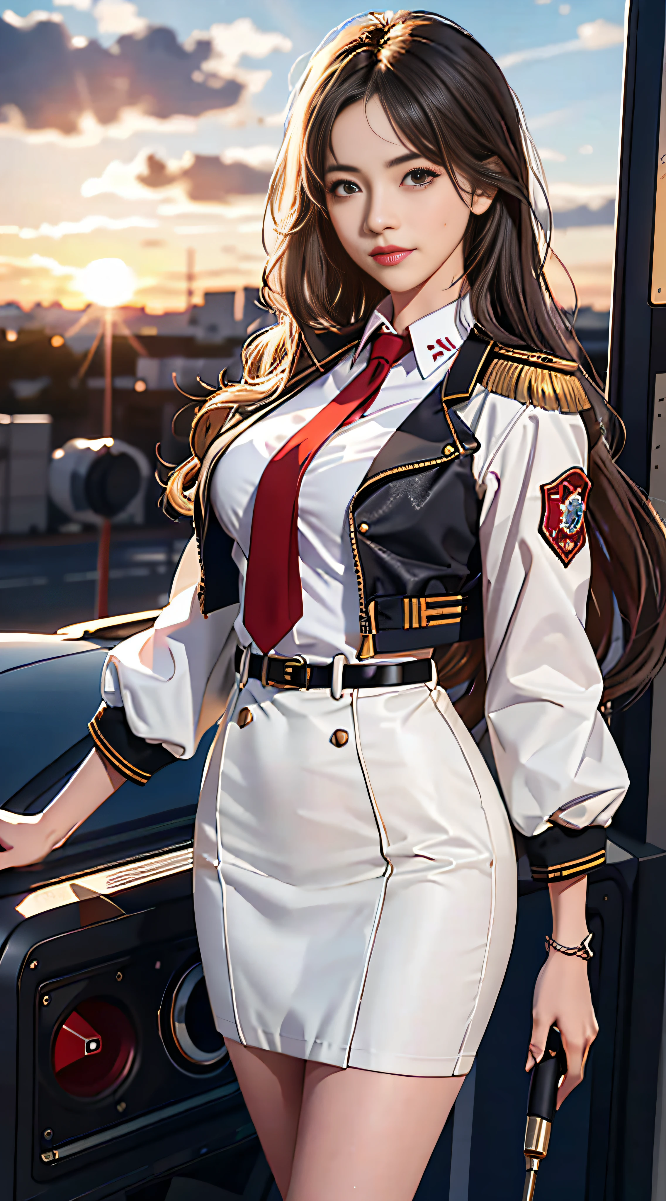 (best qualtiy,8K,32K,tmasterpiece,hyper HD:1.2),(realisticlying:1.5),(tmasterpiece,Extremely detailed Cg Unity 8K wallpapers,best qualtiy,A high resolution:1.2),(ultra - detailed,hyper HD:1.2),Very cute and beautiful photos of Japanese women,(maroon,wavy and long hair:1.2),AS-Adult,(detailed beautiful girl:1.4),best qualtiy,woman,AS-Adult,(Detailed US Air Force pilot uniforms:1.5),(White pilot captain jacket:1.3), (White high-waisted pencil skirt:1.3),Meticulous clothes,(Beautiful sunset US Air Force base runway view background:1.3)1,light smile,looking at viewert,face to the viewer,((Perfect female body)),(a narrow waist:1.2),(Upper body image:1.3),Slim,(Bigchest:1.25),(frame the head)),ventania,dynamicposes,cinematric light,Perfect anatomy,perfectly proportions, detailed human body, Bokeh, depth of fields,