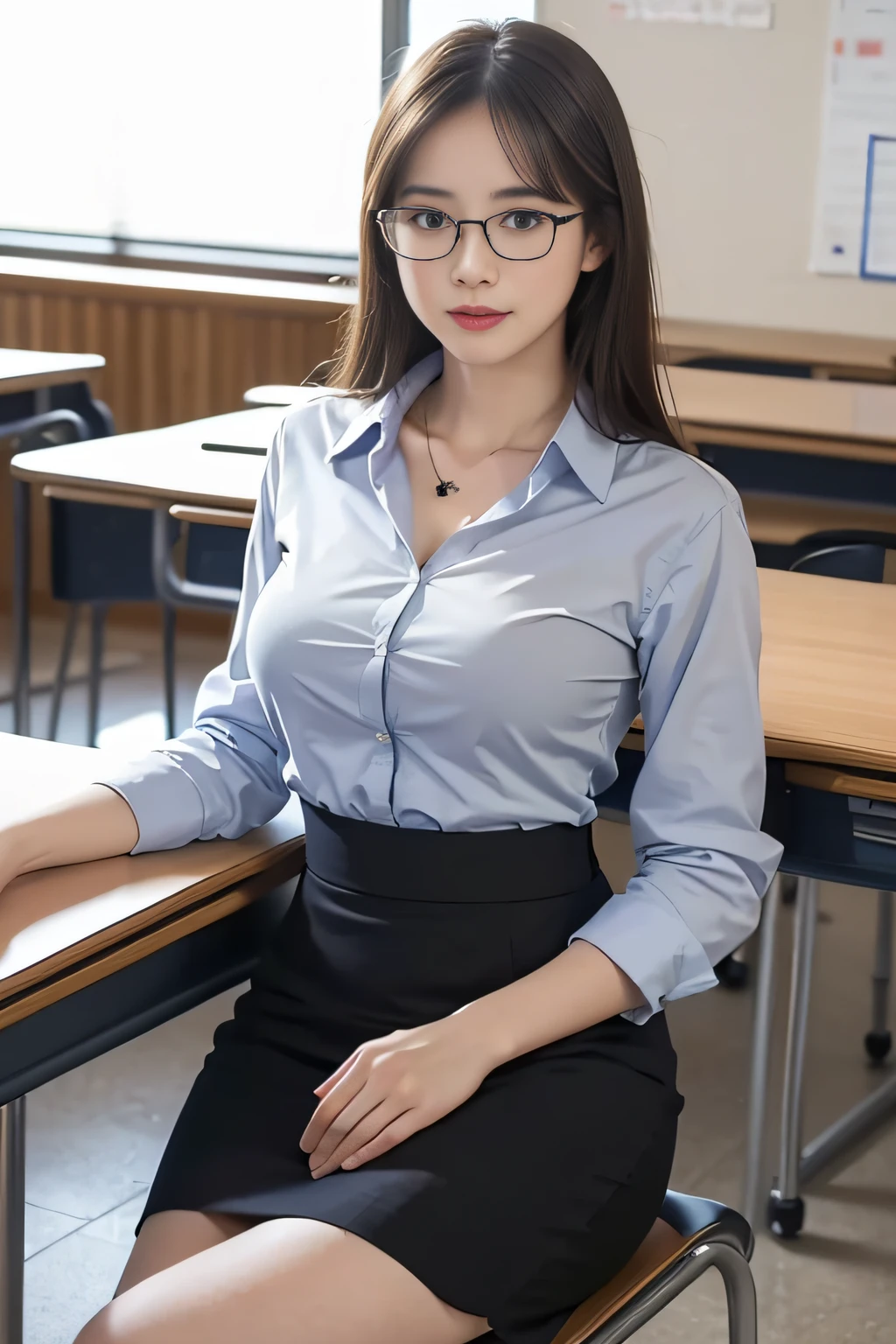(8k, best quality, masterpiece:1,2), (realistic, photo-realistic:1,37), top quality, masterpiece, a beautiful woman, sexy teacher, sexy female teacher, tight and sexy work clothes, short skirt, round chest, wearing glasses, naughty look, background in a teaching classroom with stacked chairs and study tables