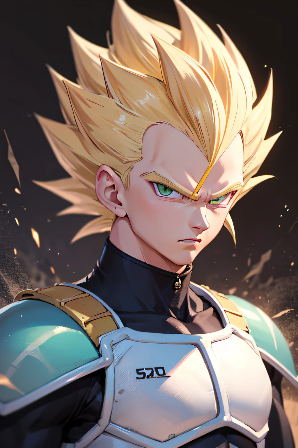 (masterpiece, best quality: 1.2), cowboy shot, solo, male focus, 1boy, vegeta, serious, looking at the viewer, spiked blonde hair, green eyes, armor, white gloves