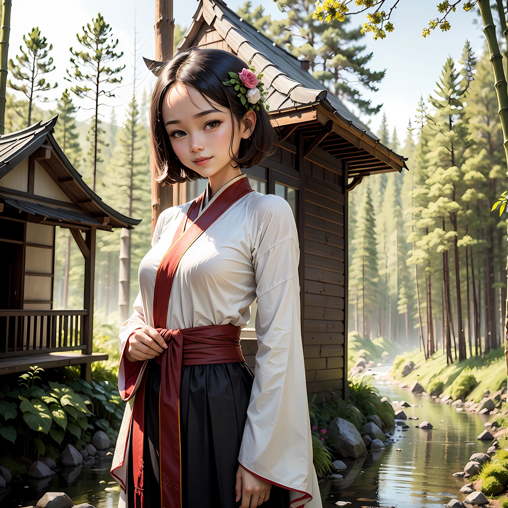 (Masterpiece), best quality, good anatomy, ink bissim, behind arms, (1 girl: 1), (upper body), (smile), short hair, (hanfu), (Edgey 0.5), (trees: 0.5), (flowers: 0.6), (wooden house: 0.2), (bamboo forest: 0.2), (stream: 0.2), (river: 0.2), --auto