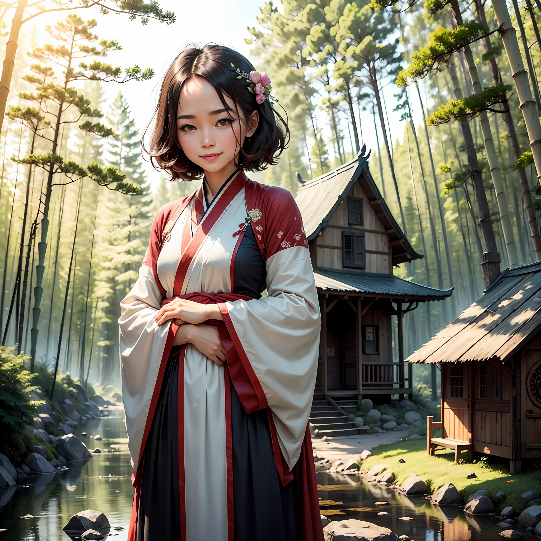 (Masterpiece), best quality, good anatomy, ink bissim, behind arms, (1 girl: 1), (upper body), (smile), short hair, (hanfu), (Edgey 0.5), (trees: 0.5), (flowers: 0.6), (wooden house: 0.2), (bamboo forest: 0.2), (stream: 0.2), (river: 0.2), --auto