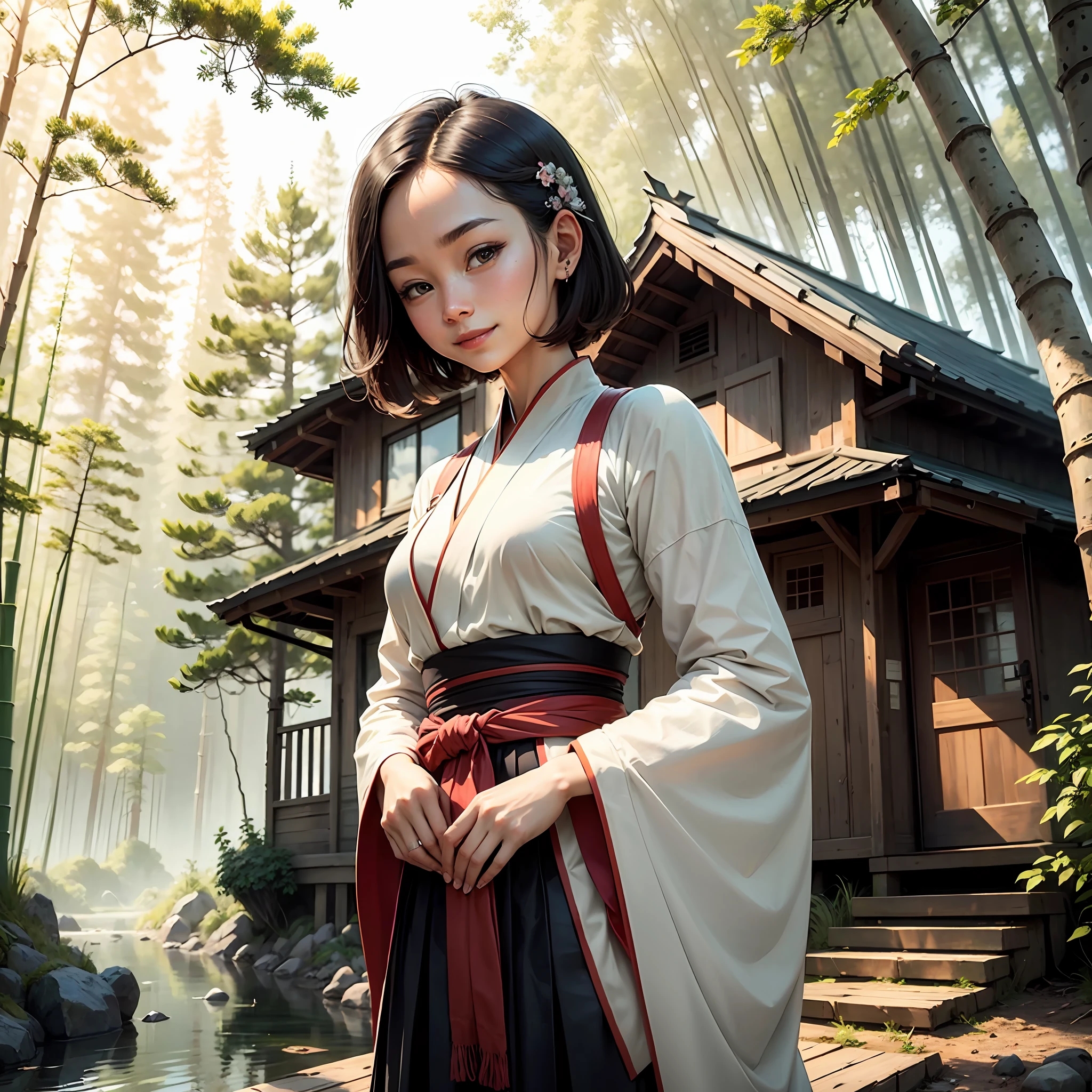 (Masterpiece), best quality, good anatomy, ink bissim, behind arms, (1 girl: 1), (upper body), (smile), short hair, (hanfu), (Edgey 0.5), (trees: 0.5), (flowers: 0.6), (wooden house: 0.2), (bamboo forest: 0.2), (stream: 0.2), (river: 0.2), --auto