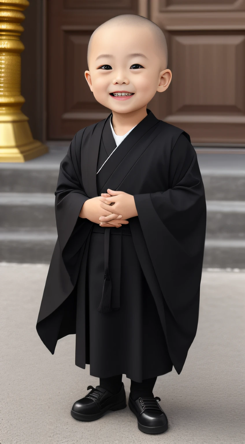 (tmasterpiece), (Need), (super-fine), (s whole body:1.2), A -year-littlonk，The round face has big eyes，His nose was slightly upturned，There is always a sweet smile on the mouth，It looks very cute。 The little monk wears a loose black cassock，It is embroidered with a golden Buddha image and scriptures The little monk is bald，It seems particularly spiritual。 He did it there，Fold your hands，With a smile，As if silently praying。The whole person looks cute，People can't help but want to hug him。ultra-wide-angle, 8K, k hd, true to life，Buddhist，Monks