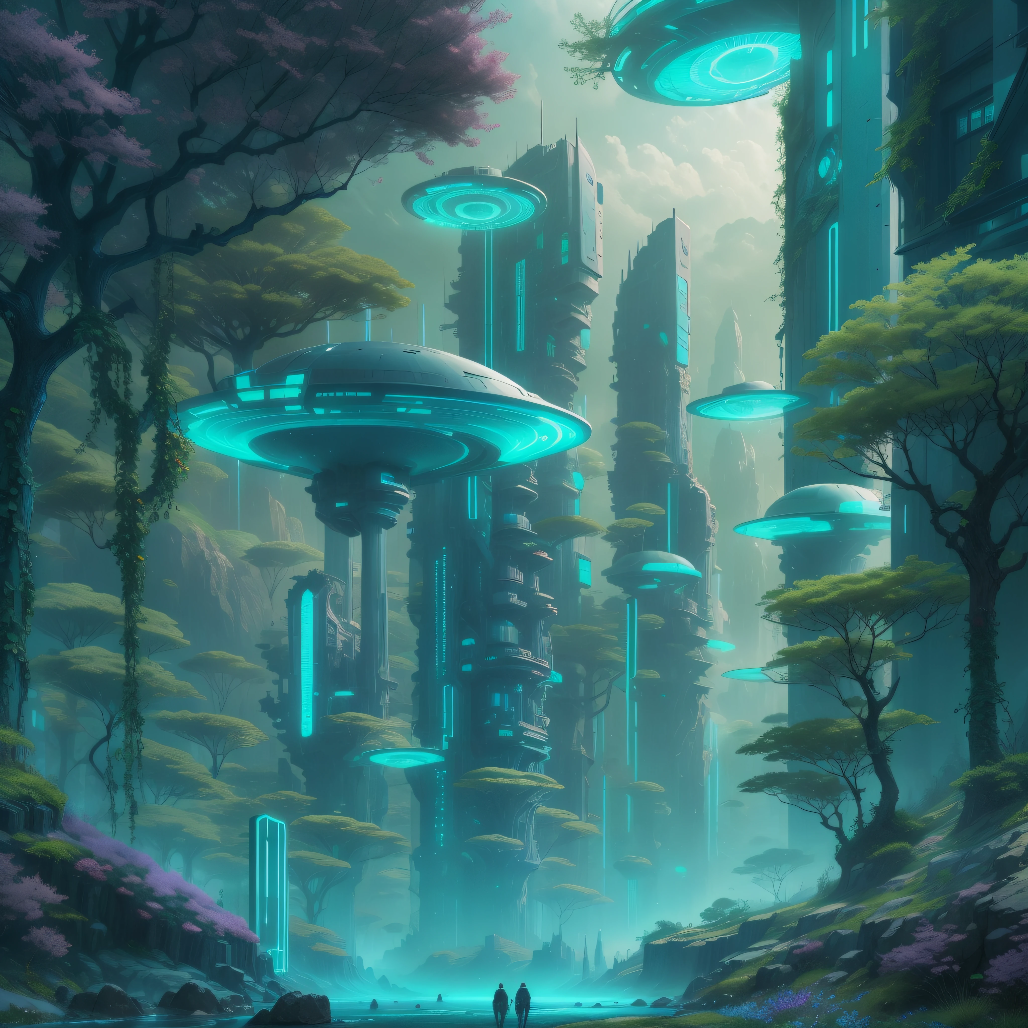futuristic city in the middle of a purple forest, beeple , sci-fi fantasy wallpaper, , lush alien landscape turquoise sky, science fantasy painting, science fiction landscape,