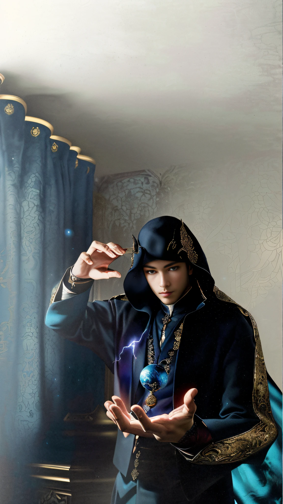 hight resolution, Ultra Detailed), Masterpiece, Best Quality, A man in a magical outfit, holding a blue sphere in his hands, sphere, surrounded by blue flames, Blue lightning emanates from the sphere, Magic glow