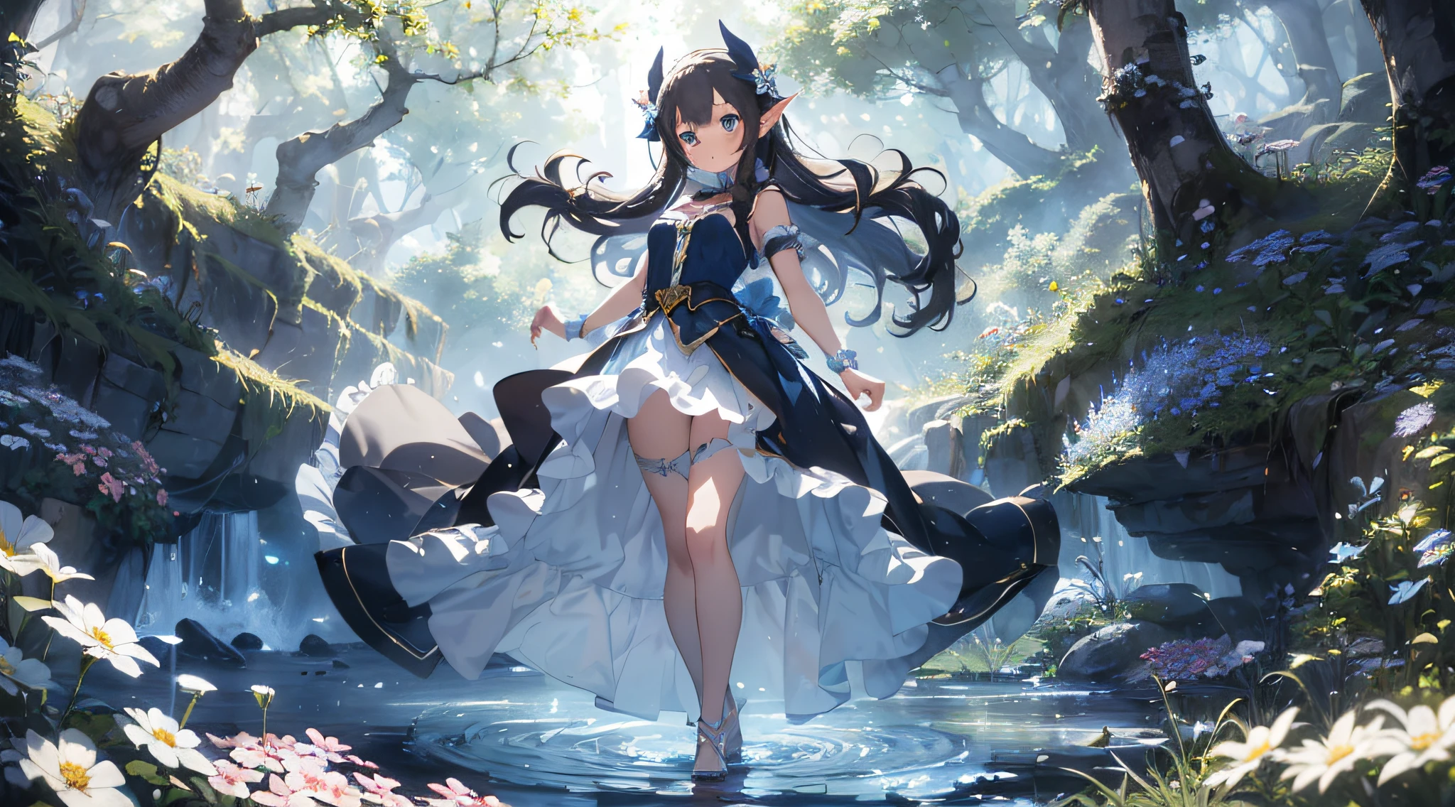 Fine image quality,Beautiful and elegant CG illustration,Delicate performance of light and shadow,A fairyland-like elf princess dances through the natural landscape,long hair flowing,Bright blue eyes,in a long white dress,It is surrounded by tiny flowers and floating light spots,A drizzle falls,Wonderland view,Quiet and mysterious。