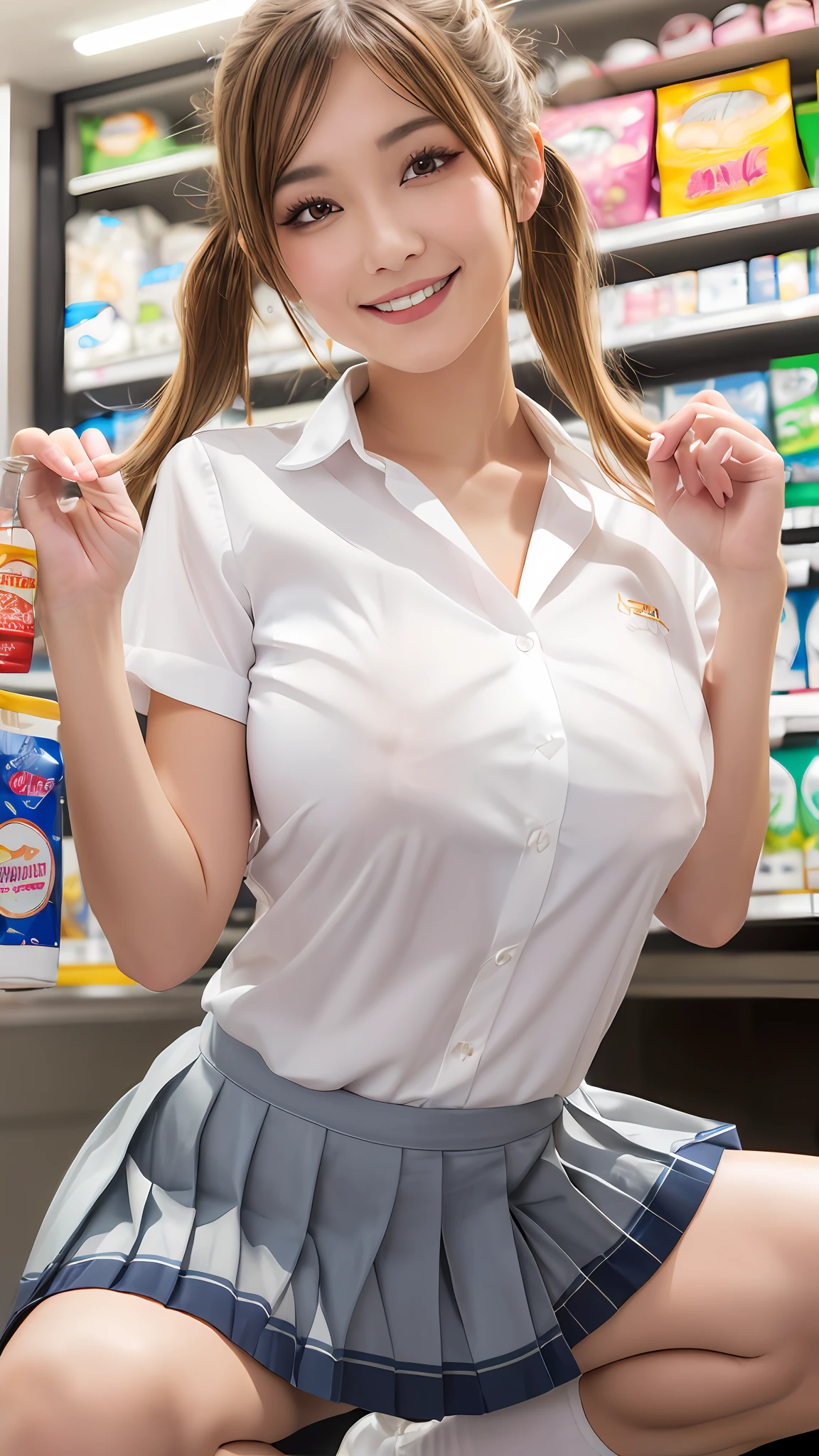 (8K, 超A high resolution, Best Quality, masutepiece:1.2),(18year old:1.2)、(huge smile)、(Look away)、8K、RAW portrait of japanese girl、Photorealsitic、超A high resolution、top-quality、(Nipple protrusion:1.8) (huge-breasted、Close all buttons on the shirt:1.3),(student clothes、Pure White Cutter Shirt、Pleated mini-skirt:1.5)、(From directly below:1.3)、Put your hands behind your head、(Inside a convenience store:1.2) BREAK (Natural Skin Texture、Detailed skin、Hyper-Realism、ultra sharpness)、intricate detailes、depth of fields、Japan idol system、hposing Gravure Idol、Gal、爆乳、long blonde twintails、(Large thigh opening:1.2)、voluptuous breasts、big eye、Thin makeup、bangss、Eye lashes、Crisp double、cheerful look、Dainty schoolgirl、Pure White Cutter Shirt、(Showing off a flashy ultra-thin T-bag:1.5)、(Squat:1.5)、(Put a white shirt inside the skirt:1.1)、Show the armpits、Plaid pleated skirt、Black loafers、Black socks、(Flashy ultra-fine T-back with small area:1.5)、(recess in the areola with protruding areola:1.4)、portlate、Perfect Angle Pro Quality High Resolution Perfect Contrast Perfect Lighting Perfect Composition Perfect Wife Perfect Skin Perfect Hands Perfect Fingers Perfect Chest Perfect Hair Perfect Face Realistic Facial Feature Masterpiece