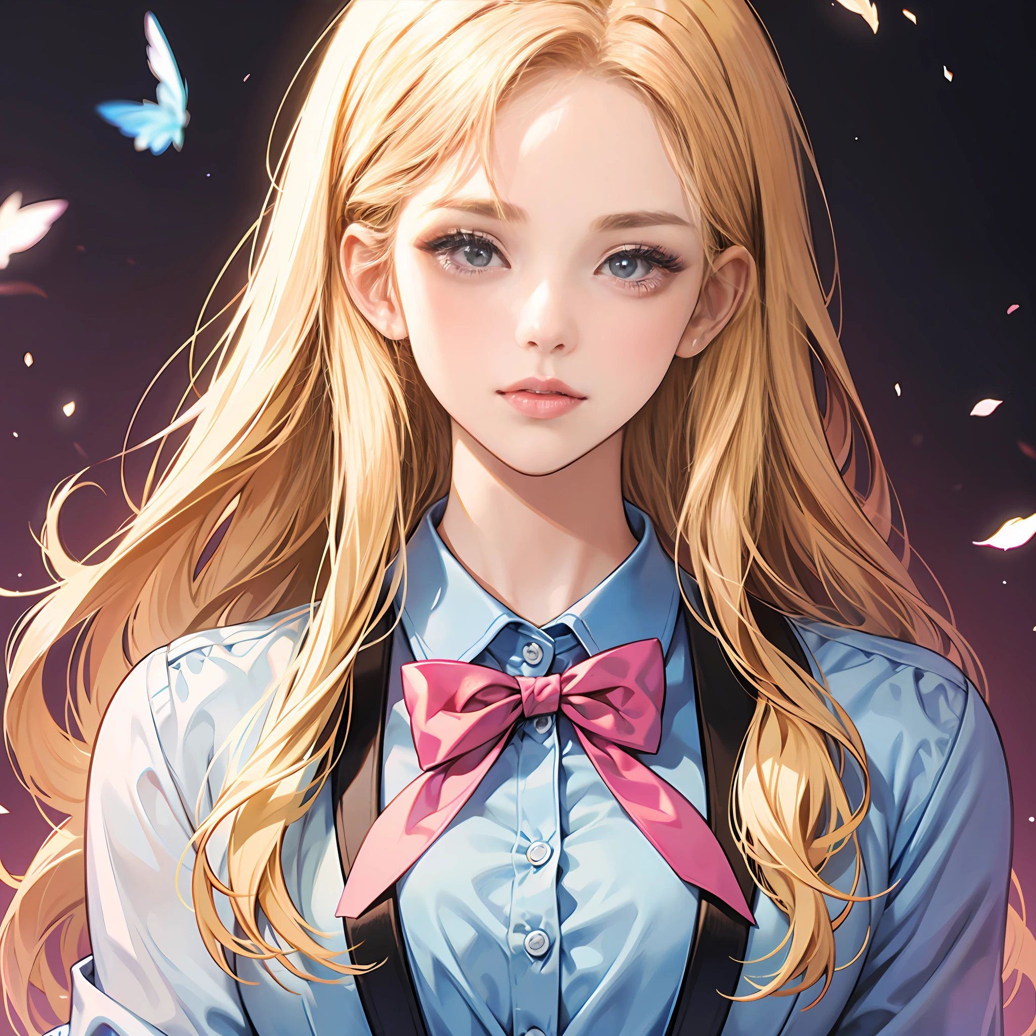 One blonde girl，Pink eyes，blue-shirt，Cross bow tie，frontage