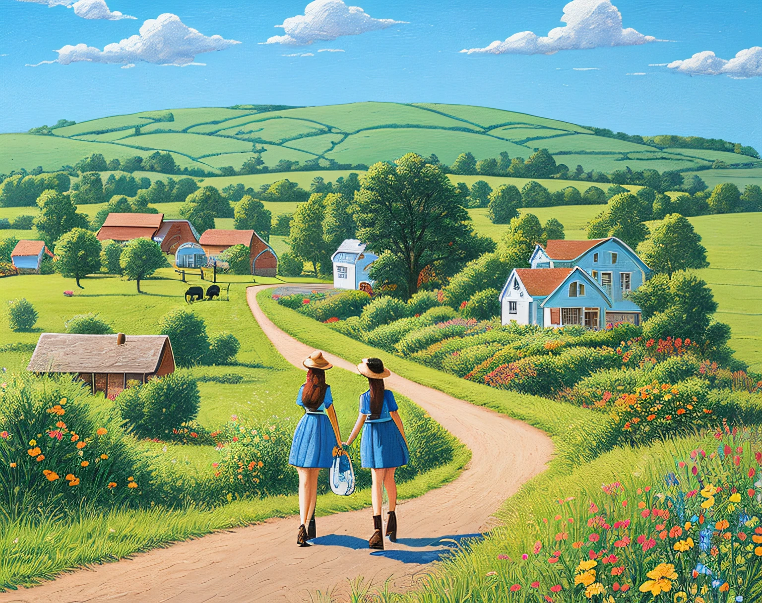 high quality comic of a woman and her dog on a country road, countryside city scene, rural splendor, naive art, american scene painting, country landscape, on a bright day, beautiful small town, by artist john sloane
