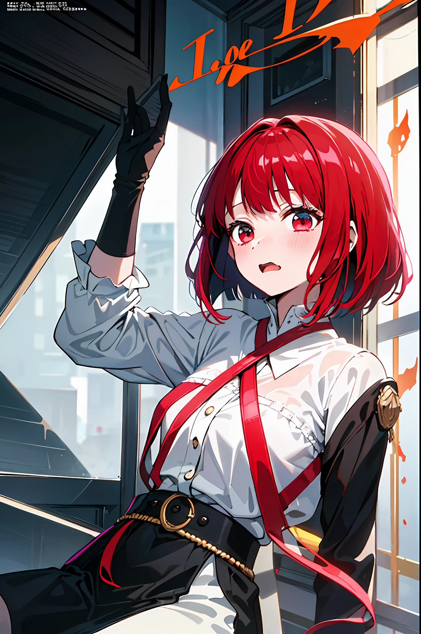 (masterpiece、top-quality、hight resolution)、 Kana Arima \(Oshinoko\), full of shyness、red hairs、Bob Hair、red blush、Wavy mouth、(((Dramatic)))、(((gritty)))、(((vehement))))The poster of the film appears as a central character。She is shy in the center of the poster、Wearing an idol costume、Has a determined look。The background is dark and rough、I feel like I'm drunk。Text is bold and eye-catching、Catchy slogans add to the overall drama and excitement。The color palette is dominated by dark colors.、Bright colors dotted、Make your poster dynamic and visually impactful、Tachi- e(magazine:1.3)、(cover-style:1.3)、Fashionable、with a vibrant、outfits、the pose、the front、colourfull、Dynamic、Background with、element、self-assured、Expressively、ngel、statement、attachment、An majestic、coiled、surroundings、Touch、The scene、Texto、covers、boldface、grab attention、Titles、lo fashion、Font、Catchy、Titles、Large、grab attention、moderno、 Trendy、concentrating、Stylish、1 girl in
