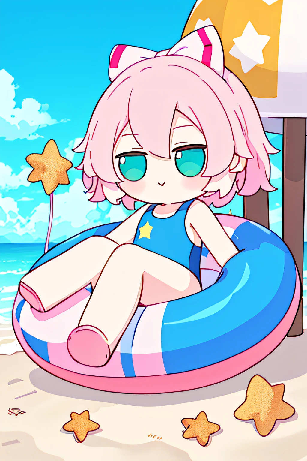 Close-up of cartoon character sitting on pink inflatable, lovely art style, 🪔 🎨;🌞🌄, full body commission for, Cute characters，Q version，Wear a preppy swimsuit，Cute swimsuit，Star eyes，There are splashes around，sandbeach。