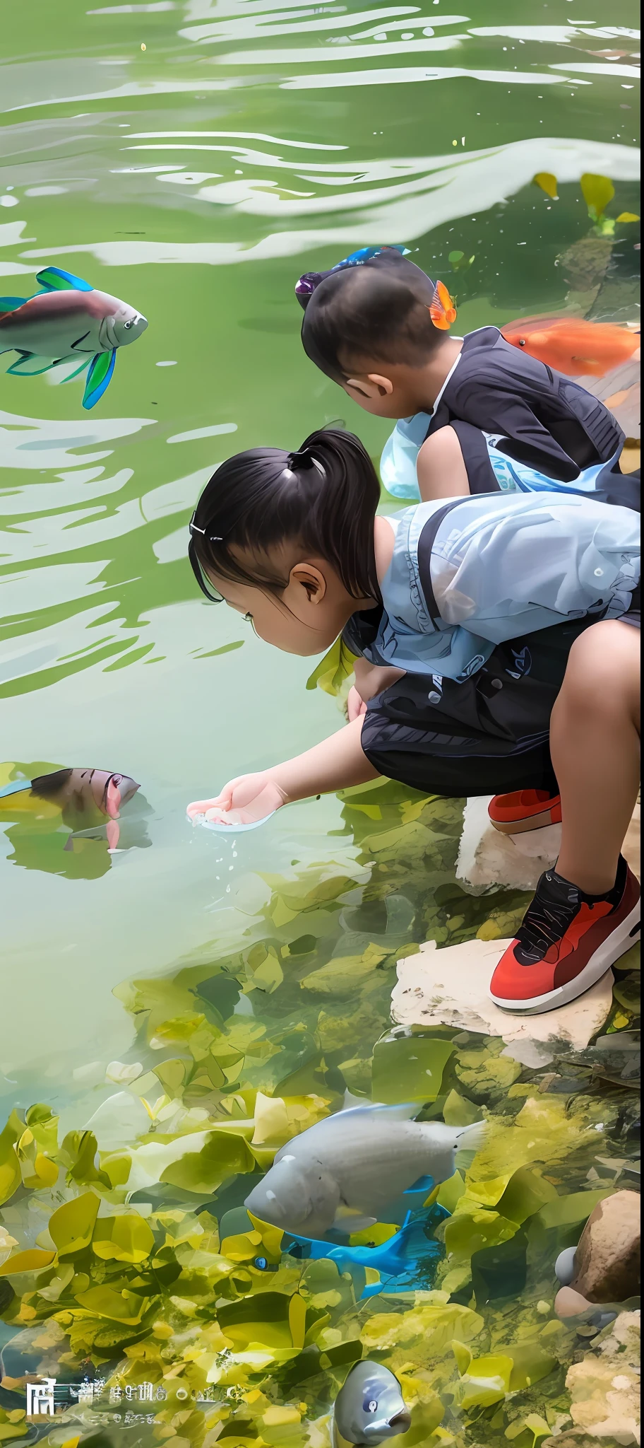 Two children looking at the water, peacefully drinking river water, playing water, photograph taken in 2 0 2 0, exploration, The camera angle is low at the water level, jinyiwei, Clear water, at the waterside, Student, standing next to water, see fishes swimming, No watermark,