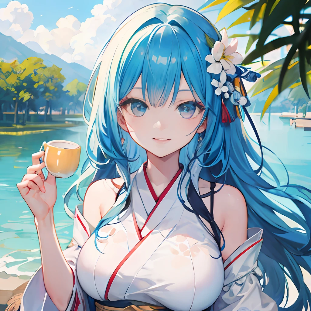 bust,tmasterpiece,best qualtiy,offcial art,8k wallpaper,The is very detailed,illustratio,1个Giant Breast Girl,sky-bluehair,long whitr hair,Detailed eyes,Forrest gump,exposed bare shoulders,Hanfu,lakes,pure,softl smile,bamboos,teas