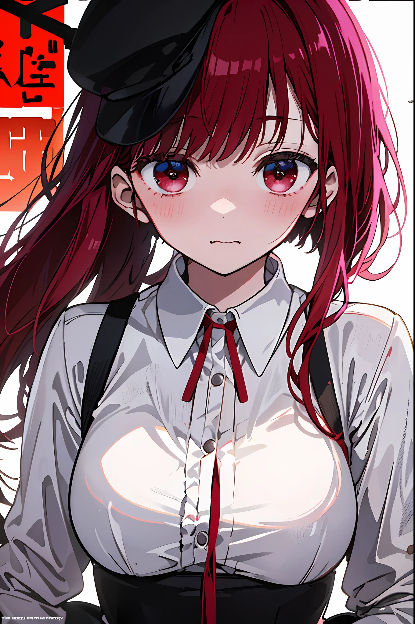 (masterpiece、top-quality、hight resolution)、 Kana Arima \(Oshinoko\), full of shyness、red hairs、Bob Hair、red blush、Wavy mouth、(((Dramatic)))、(((gritty)))、(((vehement))))The poster of the film appears as a central character。She is shy in the center of the poster、Wearing an idol costume、Has a determined look。The background is dark and rough、I feel like I'm drunk。Text is bold and eye-catching、Catchy slogans add to the overall drama and excitement。The color palette is dominated by dark colors.、Bright colors dotted、Make your poster dynamic and visually impactful、Tachi- e(magazine:1.3)、(cover-style:1.3)、Fashionable、with a vibrant、outfits、the pose、the front、colourfull、Dynamic、Background with、element、self-assured、Expressively、ngel、statement、attachment、An majestic、coiled、surroundings、Touch、The scene、Texto、covers、boldface、grab attention、Titles、lo fashion、Font、Catchy、Titles、Large、grab attention、moderno、 Trendy、concentrating、Stylish、1 girl in