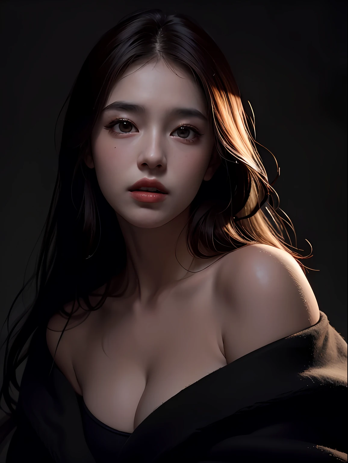 Best quality, masterpiece, ultra high res, (photorealistic:1.4), raw photo, 1girl, offshoulder, in the dark, deep shadow, low key, cold light