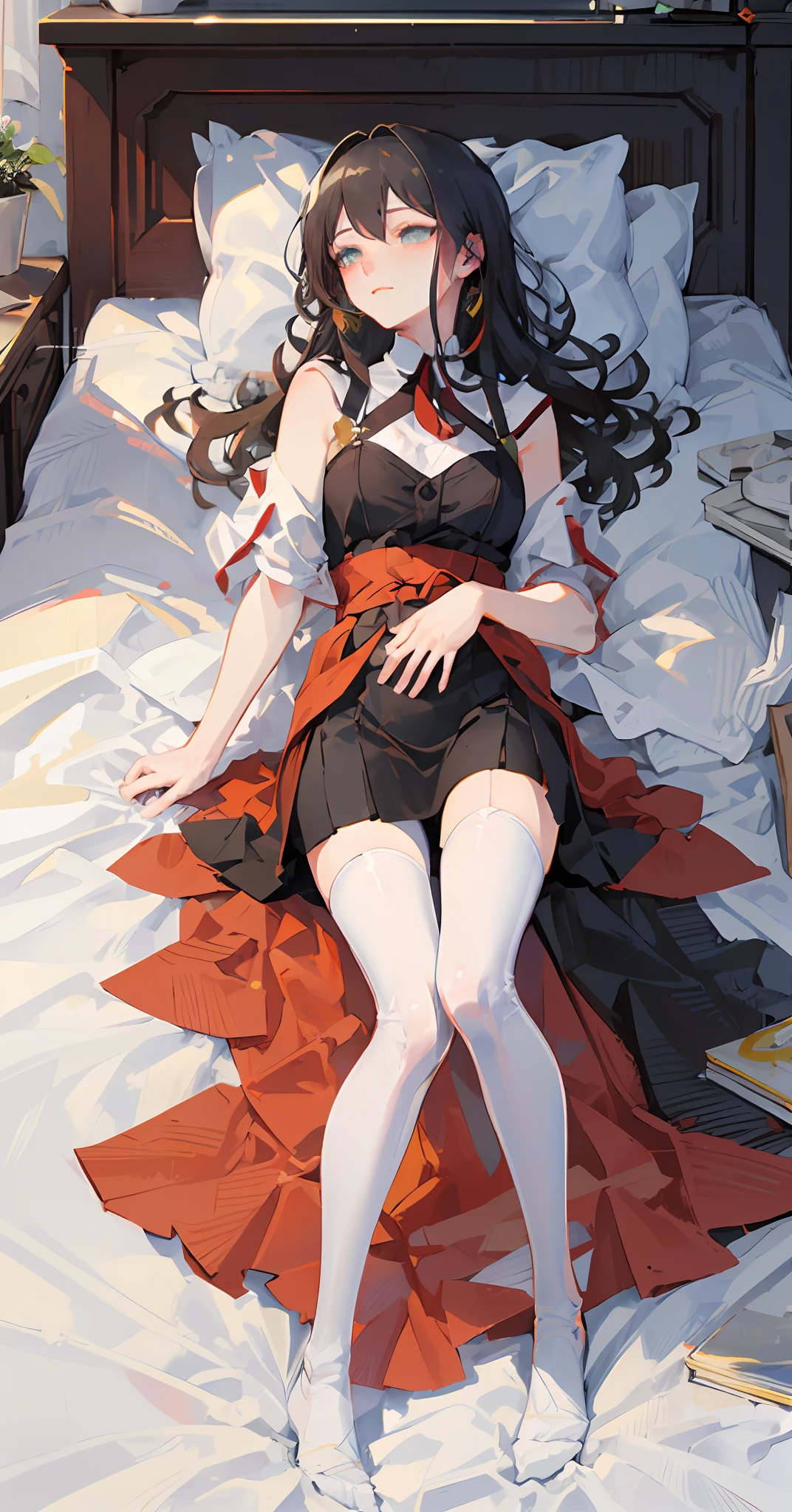 (tmasterpiece,top-quality,best qualityer,offcial art,Beauty and aesthetics:1.2),(flatcolors:1.3), underdressing,pantiess, ,white stockings,Lying in bed,White soft bed,