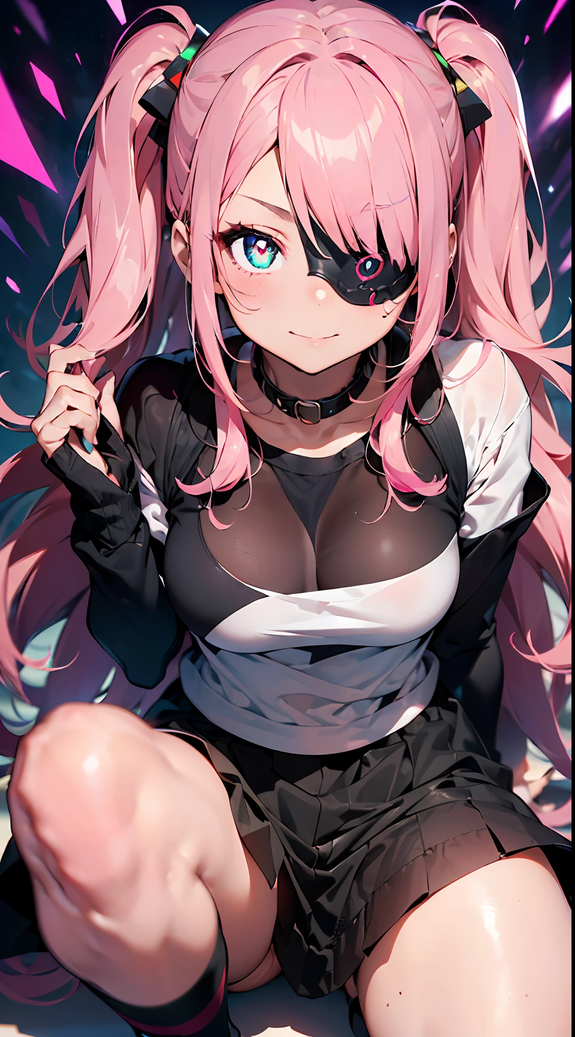 (One-eyed mask:1.5)(((masutepiece))),((ultra-detailliert,Best Quality, hight resolution, 8K Wallpaper, Beautiful clothes,)),fullllbody,Fulll body Shot (1 girl)((Pink hair, Long hair,Straight hair,two side up)) (Green eyes),eyeshadows, eye line,gloweyes, ultradetailed eyes, intricate eyes, Beautiful eyes, ((Glowing pink pupils))18-year-old girl.