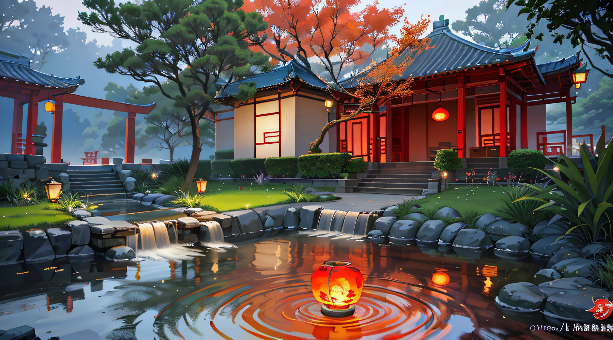 Chinese Ancient Architecture，Oriental red elements，China-style，Warm tones，Pitch black night，themoon，meteor shower，trpical garden，bamboos，lakes，Stone，rockery，archs，nooks，the trees，flowingwater，scenecy，exteriors，waterfallr，grassy fields，Rochas，dense fog，（illustratio：1.0），Epic composition，high definition detail，tmasterpiece，The best quality，（非常详细的 CG 统一 8k 壁纸） --v 6