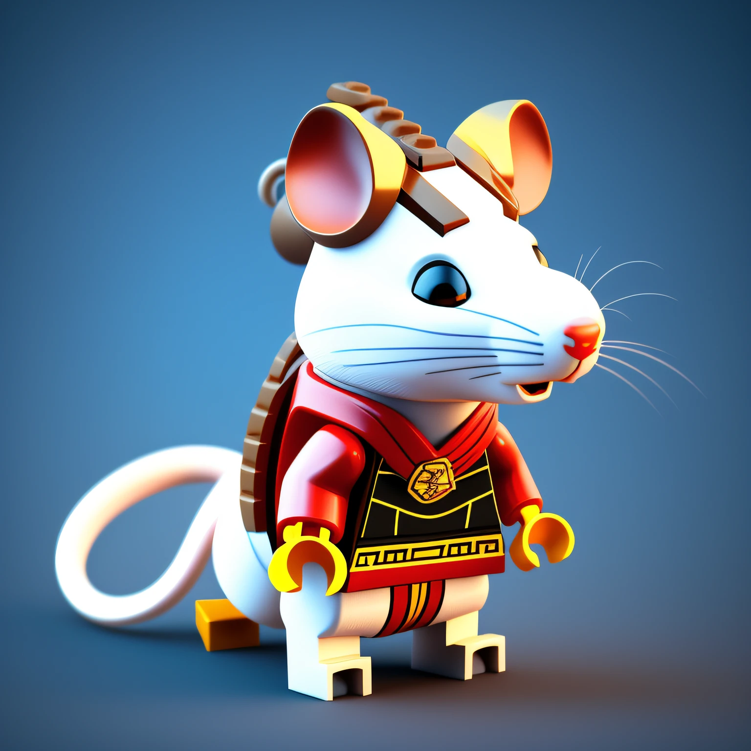 Lego rat on white background, rat, Rat, rat, rat, Lego Characters, Rendering in Cinema 4 D, Render with Cinema4D, Styling with 3D rendering, Rendering with octane rendering, Octane rendering in 32K, Anthropomorphic samurai rat, Cute Mouse, cute 3d rendering, inspired by Zhu Da