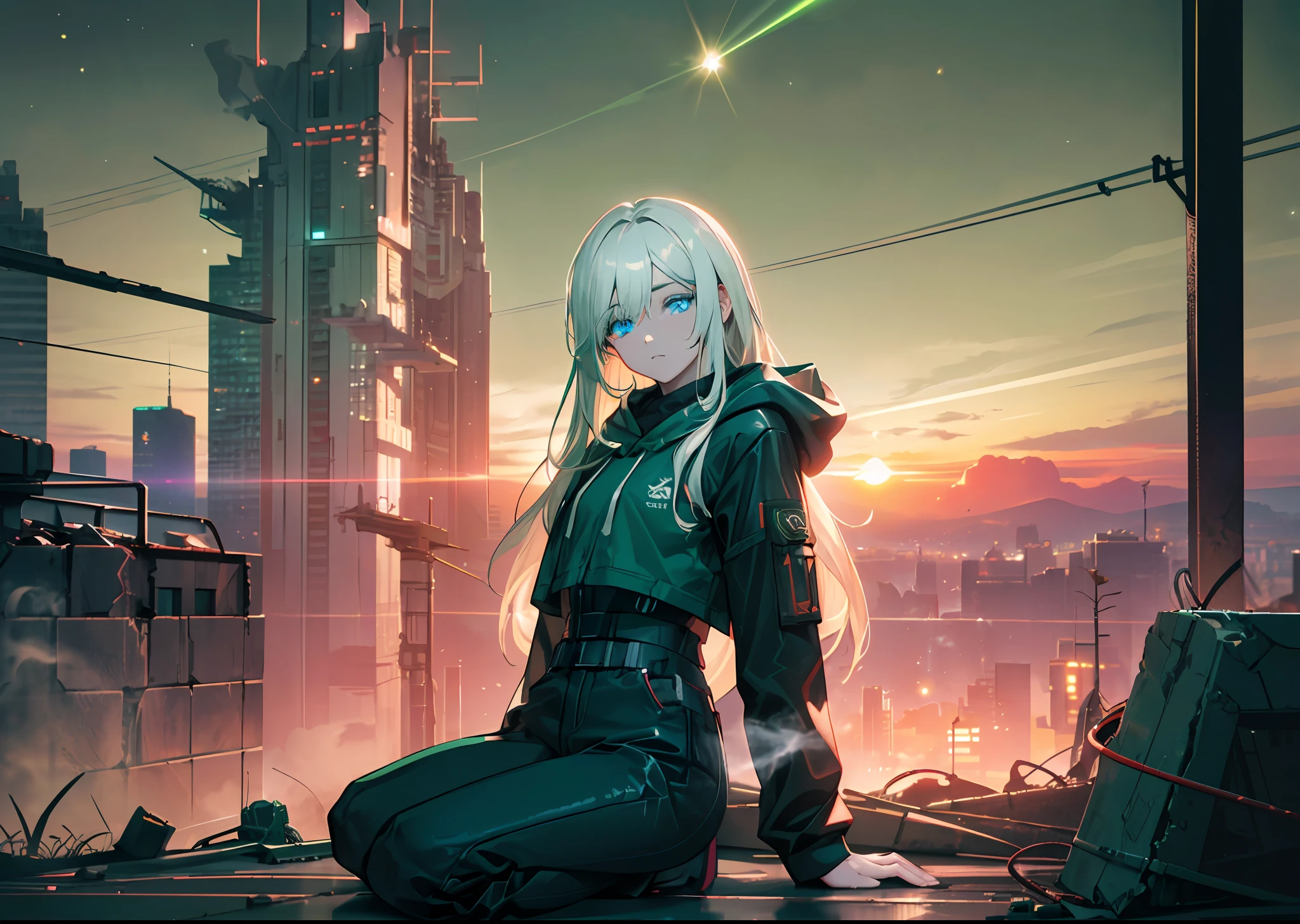 Smoke, (war:1.5), postapocalypse, ((Planets in the sky, stars in thr sky)), ((Dark green sunset:1.3)), (Green sky:1.2), green light, The ruined backdrop of the city, ((spaceship in the sky)), science-fiction, (shapely body: 1.4), a 1girl, sitting on the rubble of a building, (Tired look:1.3), (Long white hair:1.4), (blue eyes:1.2), (Detailed eyes and face:1.5), Black pants, black big sweatshirt, hood, (Cyberpunk clothes), (clothes in black and white colors), black cloak, city   of the future, (calm face:1.3), Destroyed skyscrapers, Wire, HDR (High Dynamic Range), ray traced, NVIDIA RTX, Over-resolution, Unreal 5, sub-surface Scattering, текстурирование PBR, postprocessed, Anisotropic filtering, Depth of field, Maximum clarity and sharpness, Multi-layer Textures, Albedo and specular maps, Surface shading,  Accurate Light-Material Interaction Simulation, Octane rendering, duotone lighting, Low ISO, White balance, the rule of thirds, Wide aperture, 8K RAW, efficient sub-pixel, sub-pixel convolution, (luminescent particles: 1.4), {{tmasterpiece, beste-Qualit, extremely detailed CGI, Unity 8k壁纸, 3d, 电影灯光, lens flares}},