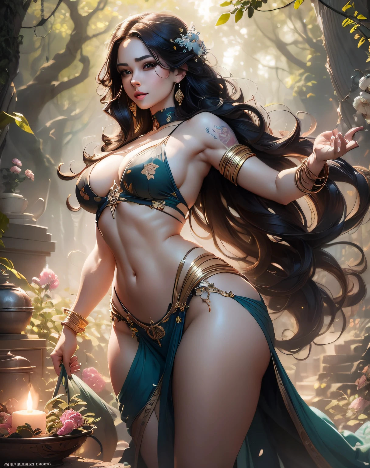 Lisa Frank Art Color, Full Body, Small Breasts, Perfect Buttocks, Beautiful Woman, Multicolored Long Hair, Multicolored Aurora, Art Face by Tom Bagshaw, Emile Vernon Style, Full Body Dynamic Motion Pose, Beautiful Woman with Long Hair, Jewelry gold, oil painting, fantasy, intricate, stunning highly detailed girl by Artgerm and Edouard Bisson, beautiful elegant, fantasy, flowers, forest, Highly Detailed, Digital Airbrush, photorealistic, Octane Rendering, black hair, black lips, gothic, rapunzel hair long, long golden and black hair, long golden and black hair, Digital Painting, soft skin wide eyes watercolor, style, sketch, Watercolor paiting, Watercolorist, Portrait of a beautiful girl with long curly hair, Vintage cartoon, GHIBLI , Artgerm, WLOP , Alphonse Mucha Intricately detailed hyper-detailed dynamic lighting Splash art trend in triadic colors Artstation Volumetric lighting Unreal Engine 5, See-through clothing, slight smile,, legs spread, View of pubic hair, 1 sexy girl in see-through forest clothing, breasts exposed, Open transparent T-shirt, Tattoos of mandalas and flowers, The best quality,