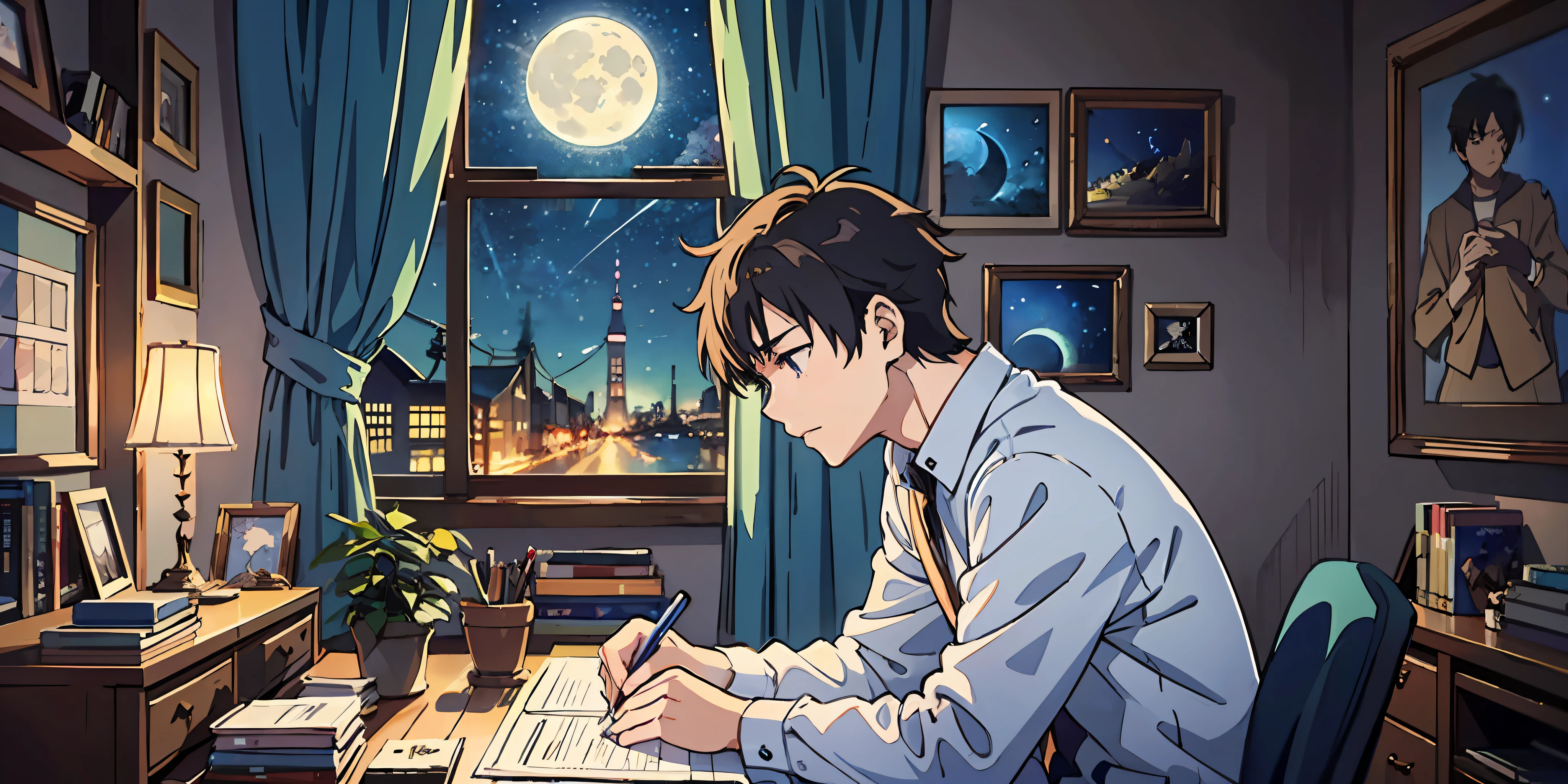 A boy painting on his desk in his beautiful cozy room, warm lights in his room, night time, concept art inspired by makoto shinkai, pixiv contest winner, best quality, beautiful anime scene, a bright moon, Anime scene, cinematic anime scene, Night, Fantastic anime, Atmospheric Anime, Starry Sky, Detail Enhanced.