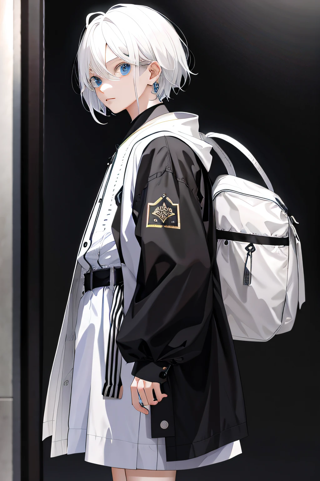 absurderes、top-quality、(1 boy:0.5)、(1girl in:0.25)、独奏、androgyny、from side、loose-fitting clothes、looking at the viewers、white  hair、