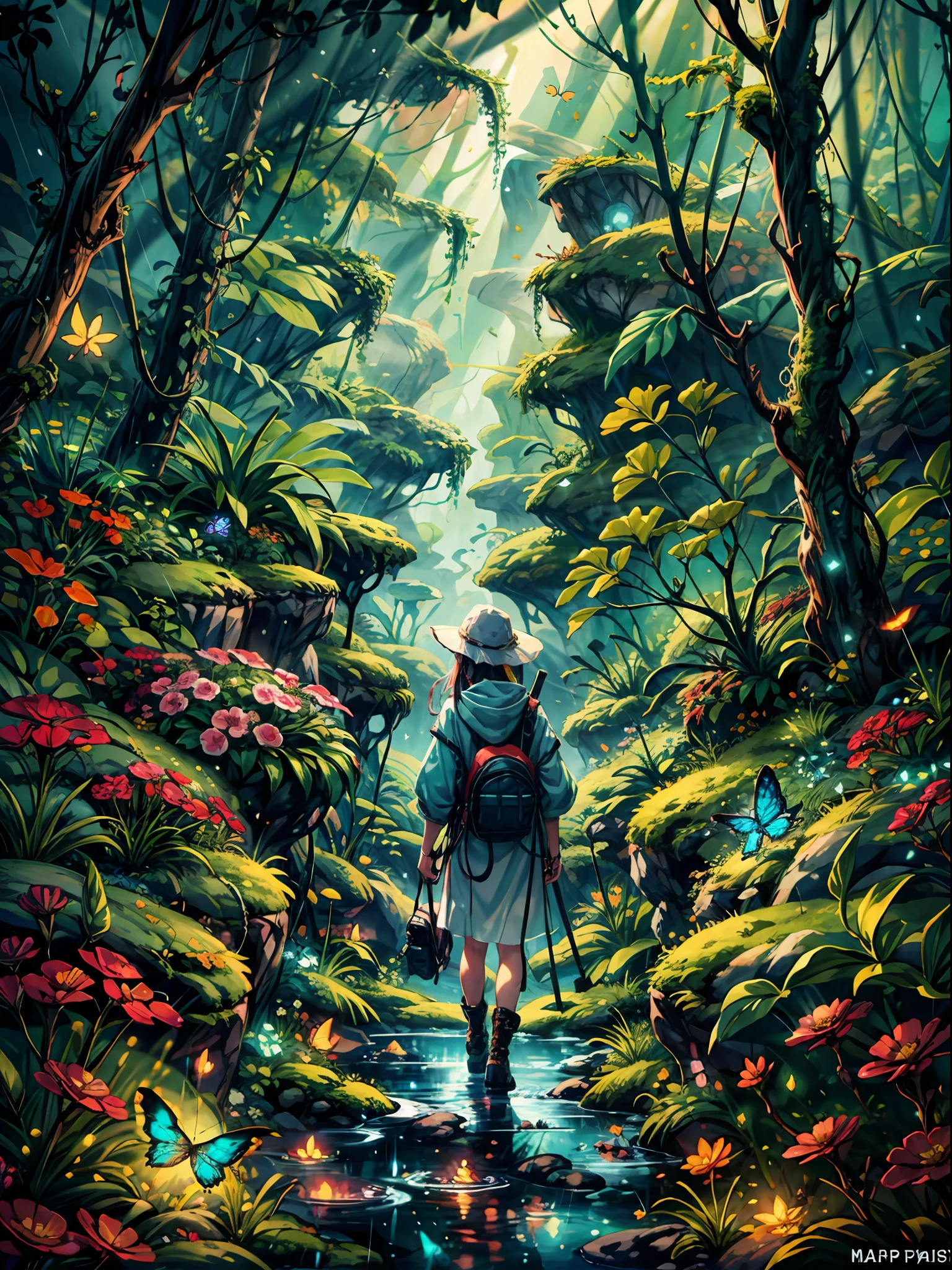 Night time, rain forest, jungle, big leafy trees, green vines and moss, bushy, a girl standing on a wet ground inside a forest, looking up the sky, turn back to viewers,from behind butterfly, fireflies, (girl focus:0.7) BREAK,Detailed,Realistic,4k highly detailed digital art,octane render, bioluminescent, BREAK 8K resolution concept art, realism,by Mappa studios,masterpiece,best quality,official art,illustration,ligne claire,(cool_color),perfect composition,absurdres, fantasy,focused, rule of thirds