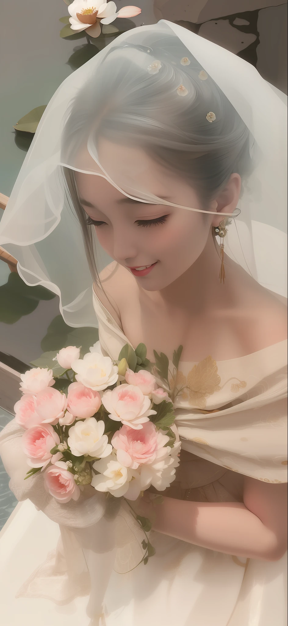 ((4k,masterpiece,best quality)), shuimobysim, traditional chinese ink painting, lotus, hanfu, maxiskit, dress conservatively 1girl, solo, long blue hair, smile, standing, feet in the water, barefoot,