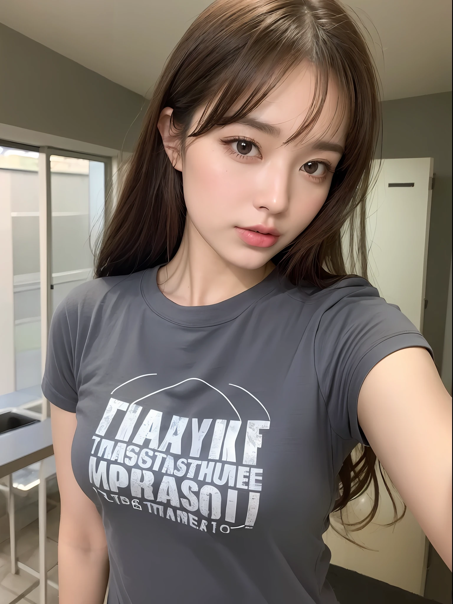 ((, Need, 8K, tmasterpiece:1.3)), 1female,Upper body body,self-shot,Focalors:1.2, perfect figure beautiful woman:1.4,( natta:1.1), ((red brown hair )), (Grey t-shirt:1.2),, Highly detailed facial and skin texture, A detailed eye, 二重まぶた