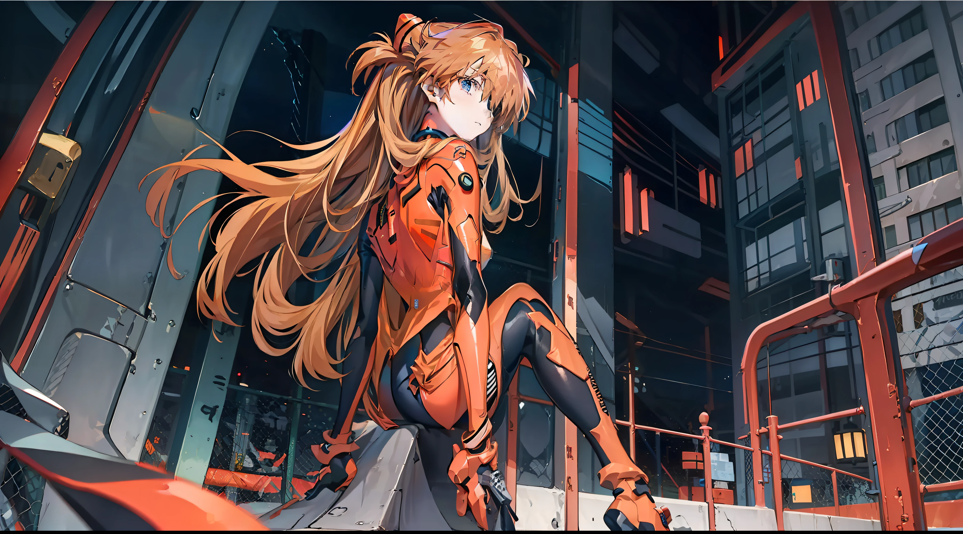 ((masterpiece,best quality, detailed)), full body, night, cityscape, souryuu asuka langley, interface headset, multicolored bodysuit, eyepatch