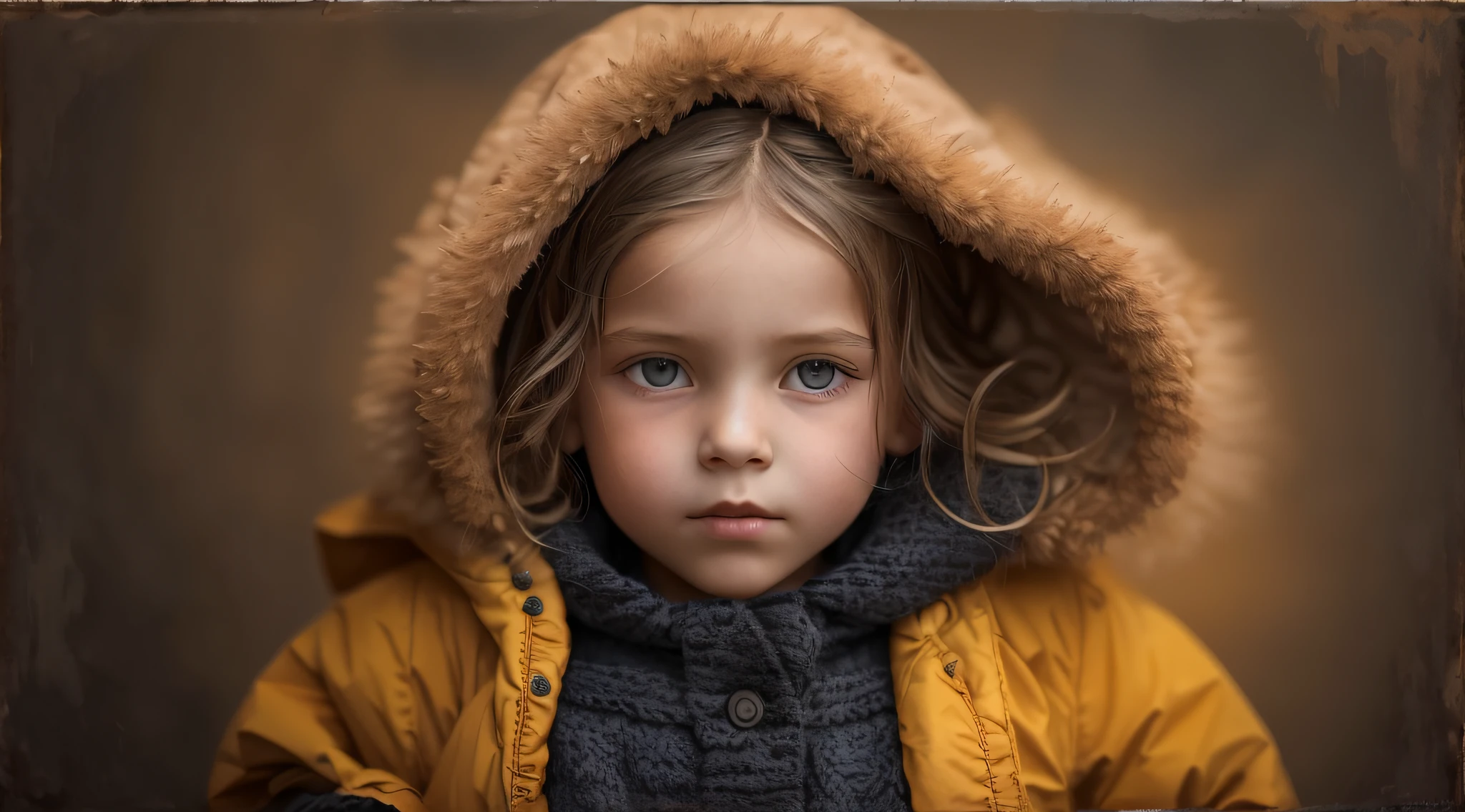 GIRLS Russian children with 10 years, loiro cabelos compridos, PORTRAIT, JAQUETA PRETA E ROUPA PRETA, FUNDO AMARELO.