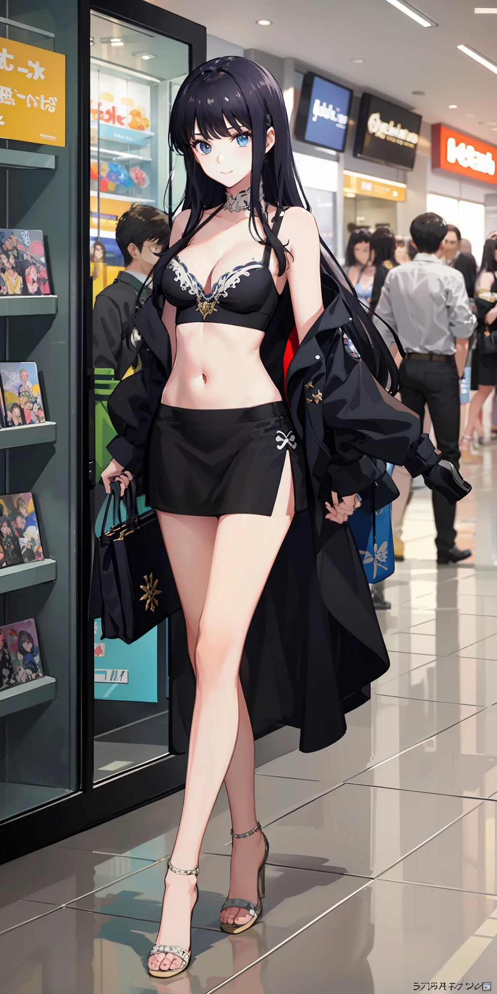 masterpiece, best quality, ultra-detailed, illustration,1girl,
long hair, black hair,
medium breast, short skirt, slim legs, navel, nervous, mall, cleavage