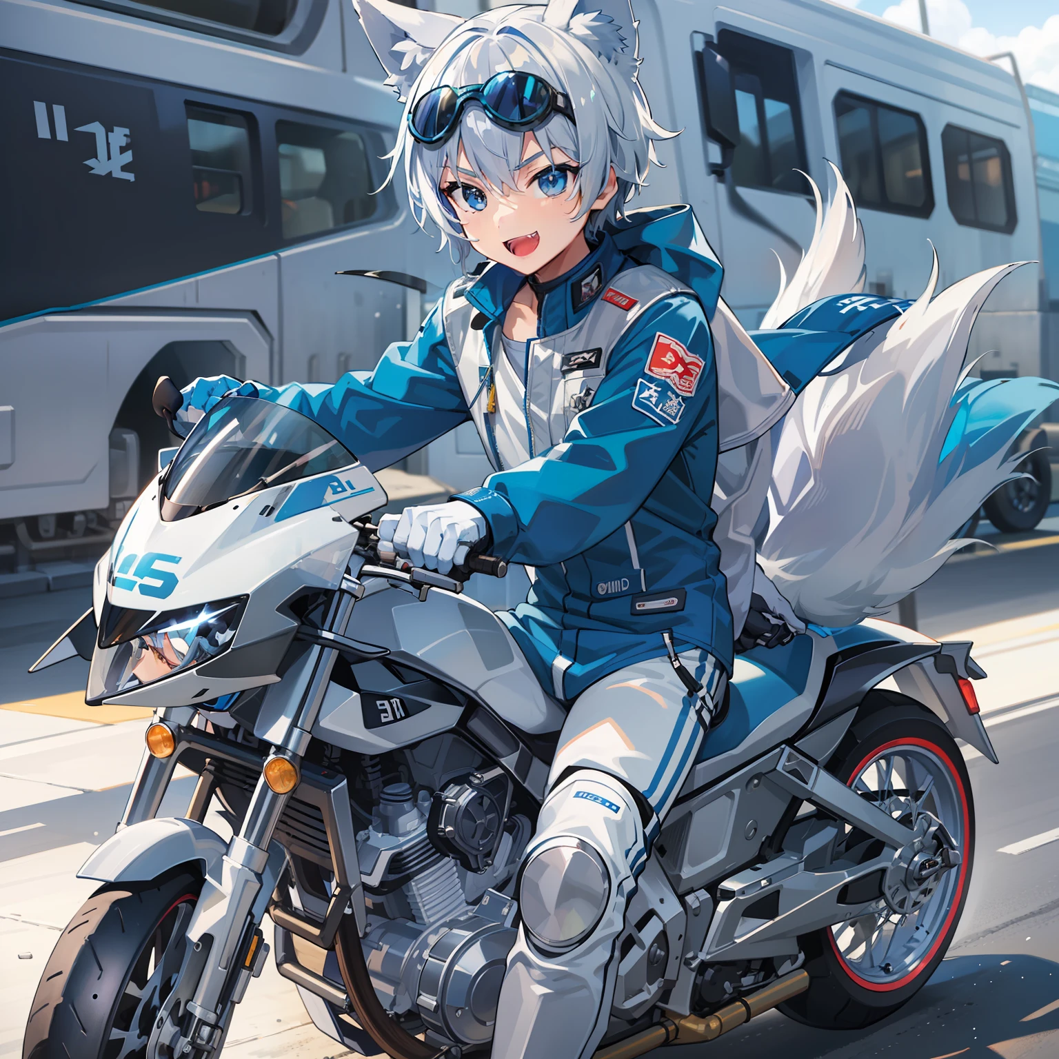 Game CG,((younge boy)),juvenile sense,Anime male protagonist,Wolf ears,Beast tail,Toothy smile,Fang,Locomotive goggles,Pisif,White-blue jumpsuit,White fingerless gloves,Racing boots,Motorcycle racer,Blue-silver locomotive,Full body like