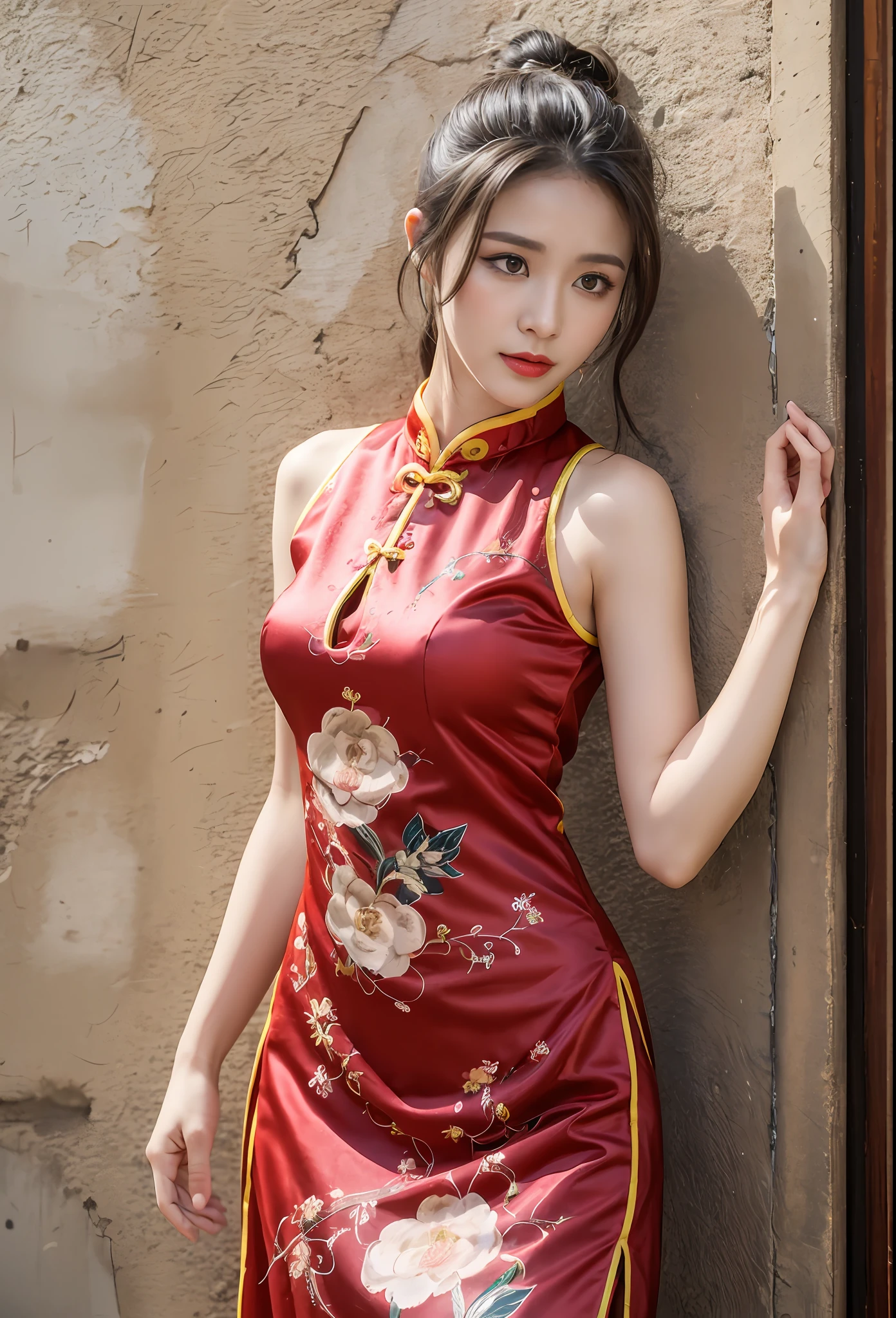 ((Best Quality, 8K, Masterpiece: 1.3)), Focus: 1.2, Wearing Traditional Chinese Costume, Cheongsam, Sleeveless, Split End, Full Body Photo, Standing Pose, Cafe Wall, Highly Detailed Facial and Skin Texture, Detailed Eyes, Double Eyelids, Whitened Skin, Long Ponytail