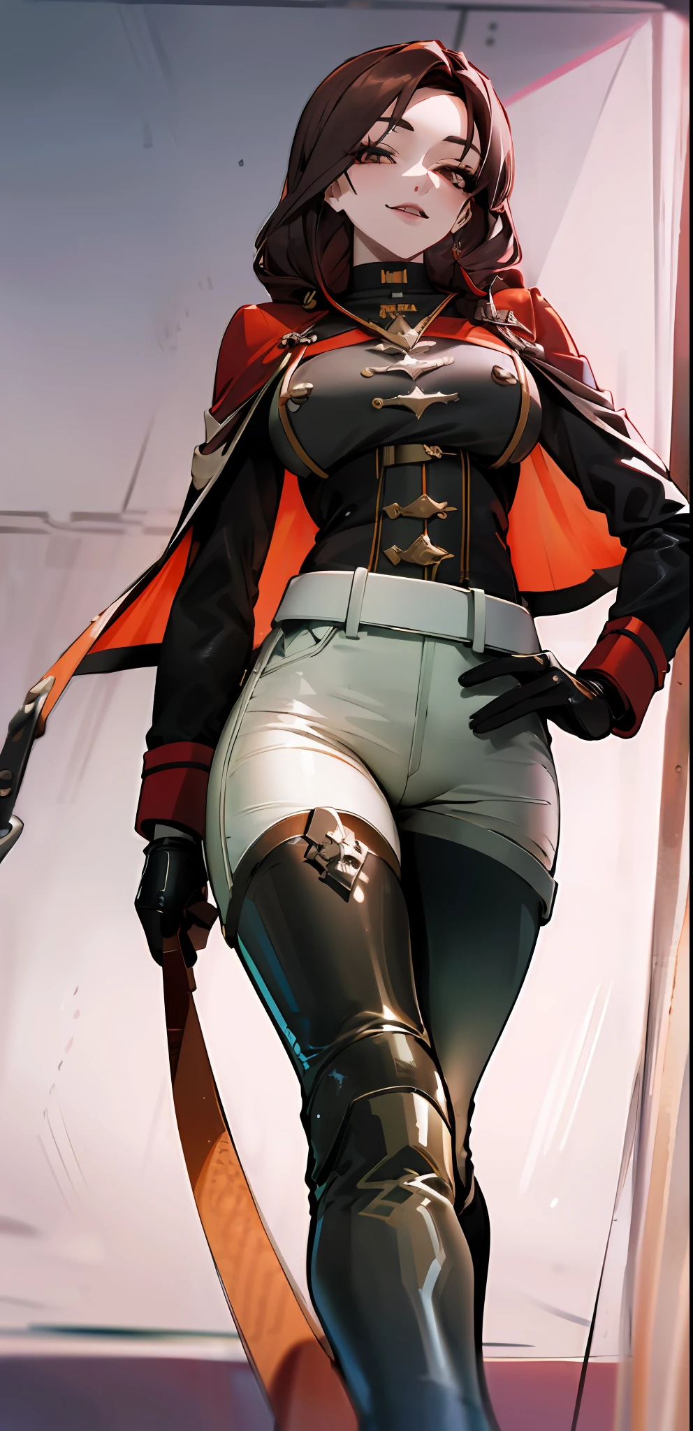 Mature female, standing, full body, authority, leather outfit, dominant, (muscular:0.5), long sleeves, black gloves, double-breasted, (black knee-high boots:1.4), (white pants:1.2), slim, devious, seductive, evil, confident, harness, belt, cape, standing, dungeon, bedroom, military uniform, looking at viewer, leash, from below