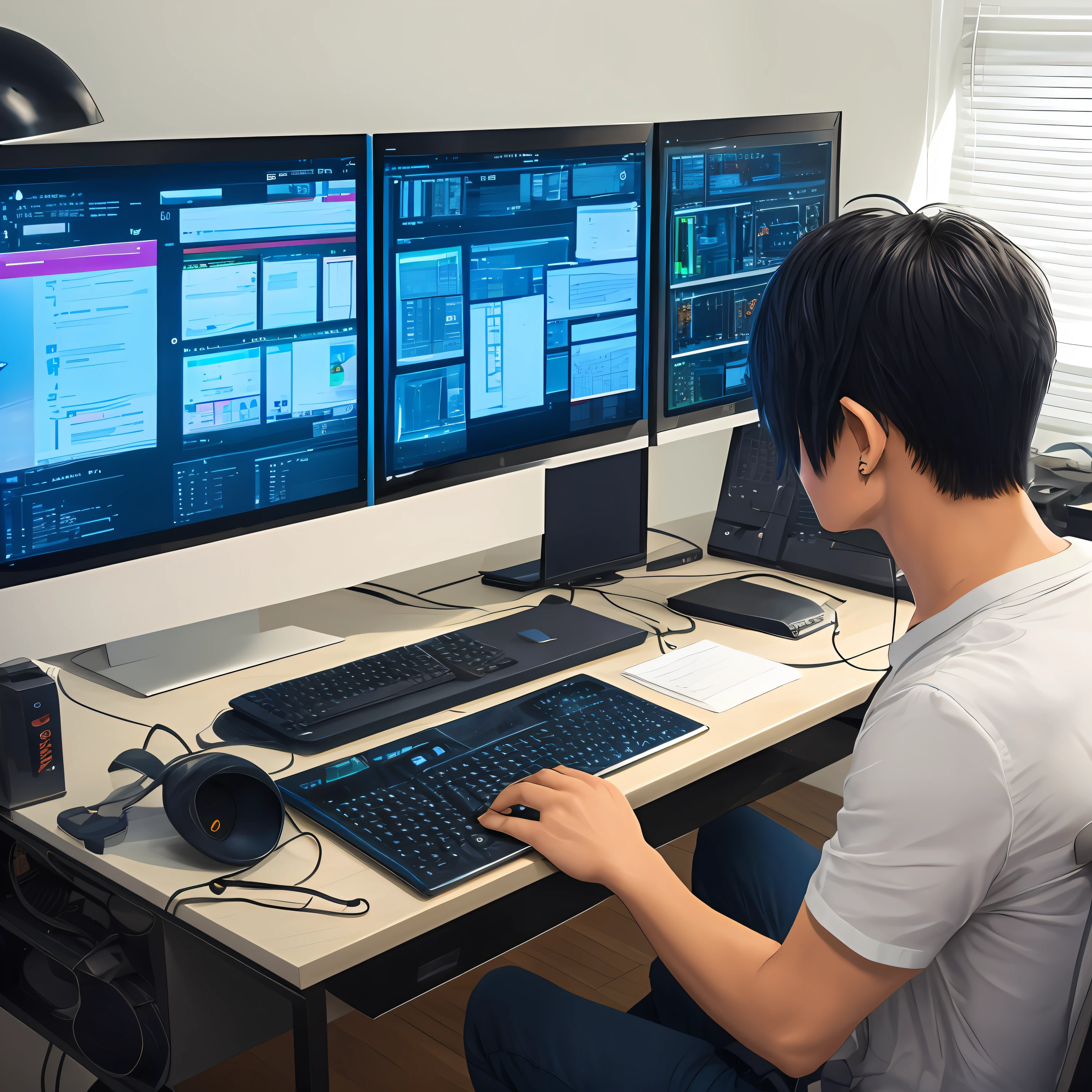 A technical otaku programmer，Sit in front of an Apple computer，The computer desktop displays precise and elegant codes，The avatar looked focused --auto