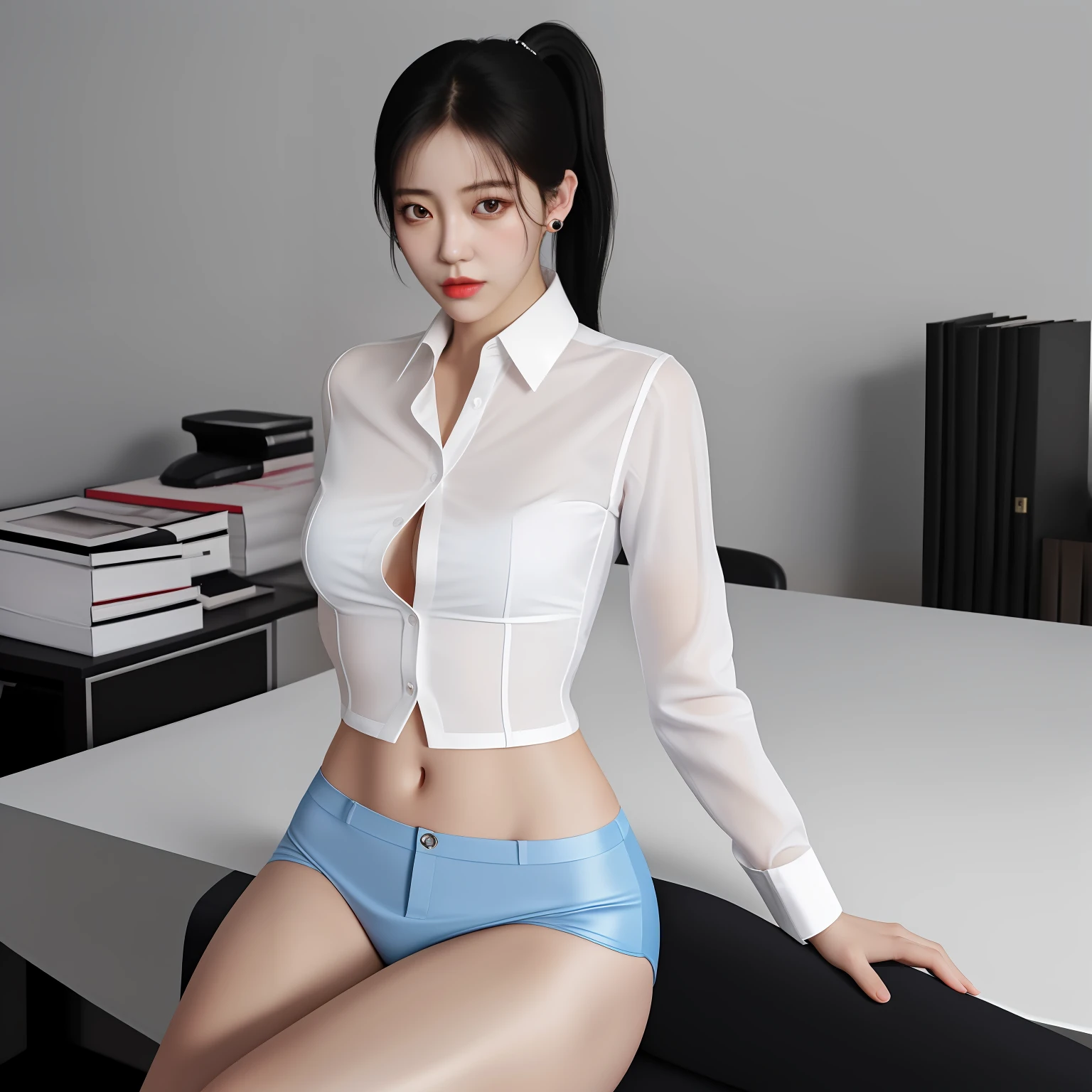 Realistic lighting,Female secretary,Undress,seminude,Bare chest,sensual lingerie,Beautuful Women,perfect bodies,E cup,blackstockings,white shirt,korean people,Realisticstyle,Perfect Skin,ear studs,pony tails,office room,Seduce the boss