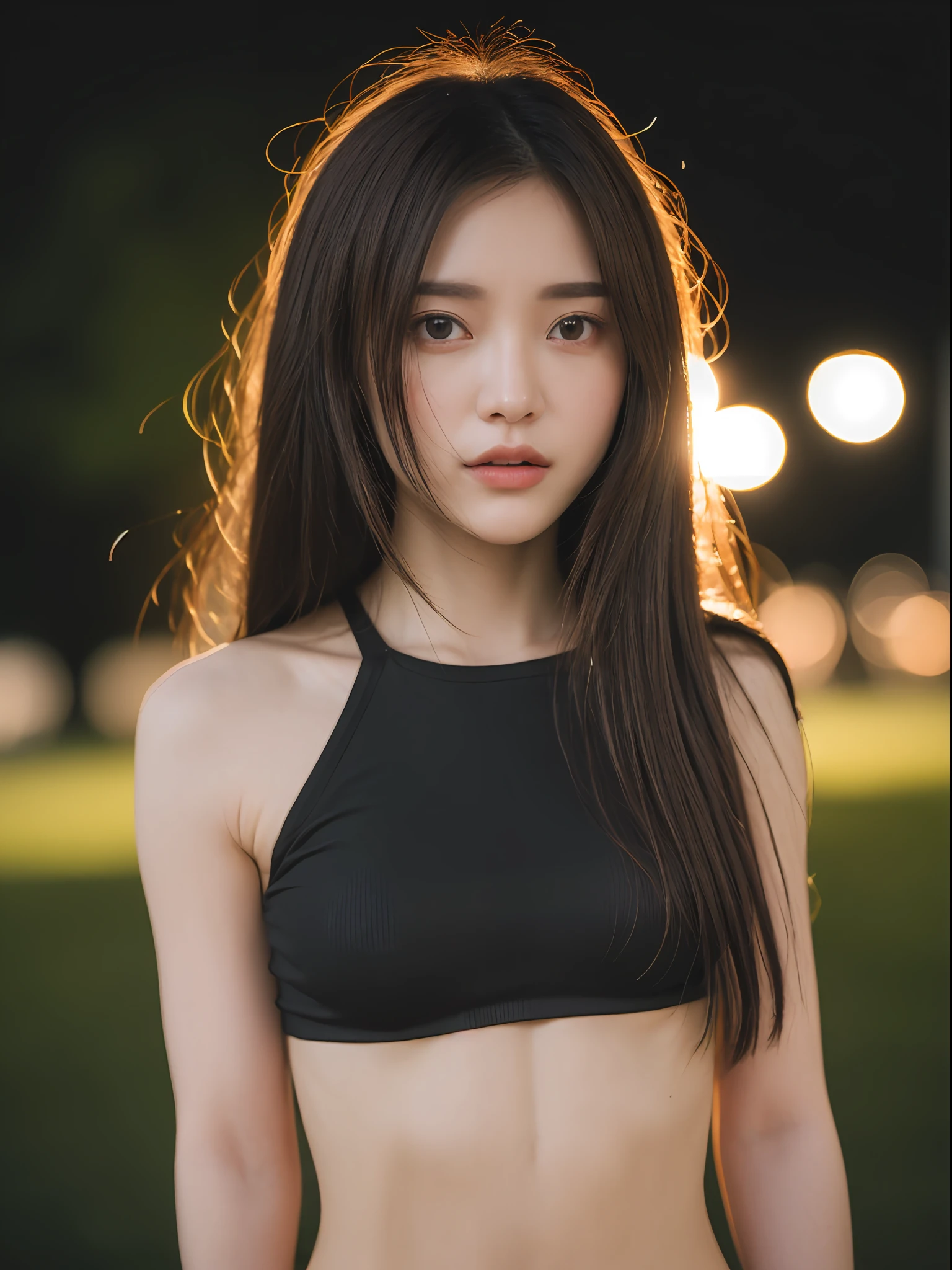 ((Realistic lighting, Best quality, 8K, Masterpiece: 1.3)), Clear focus: 1.2, 1girl, Perfect beauty: 1.4, Slim abs: 1.1, ((Dark brown hair)), (White crop top: 1.4), (Outdoor, Night: 1.1), Park view, Super fine face, Fine eyes, Double eyelids,